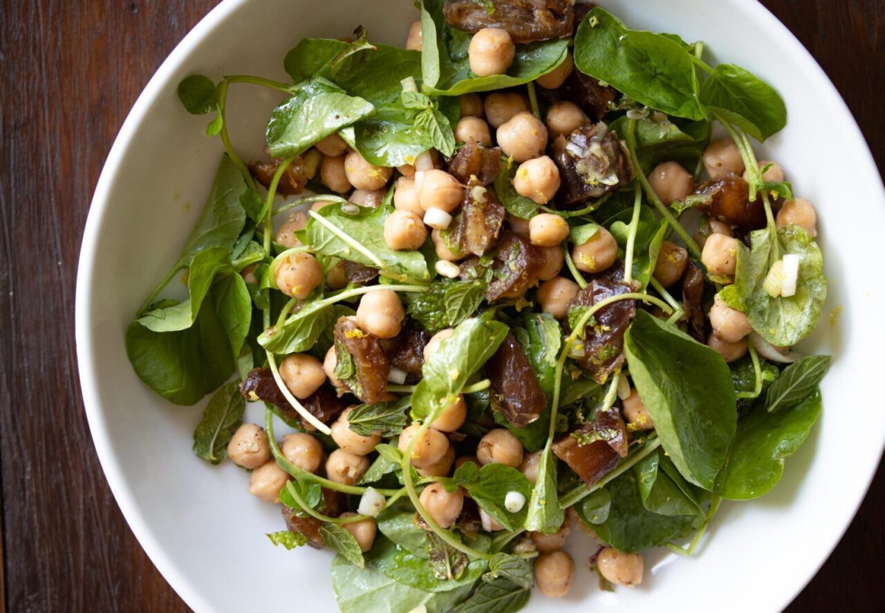 cresson, garbanzo beans, dates salad