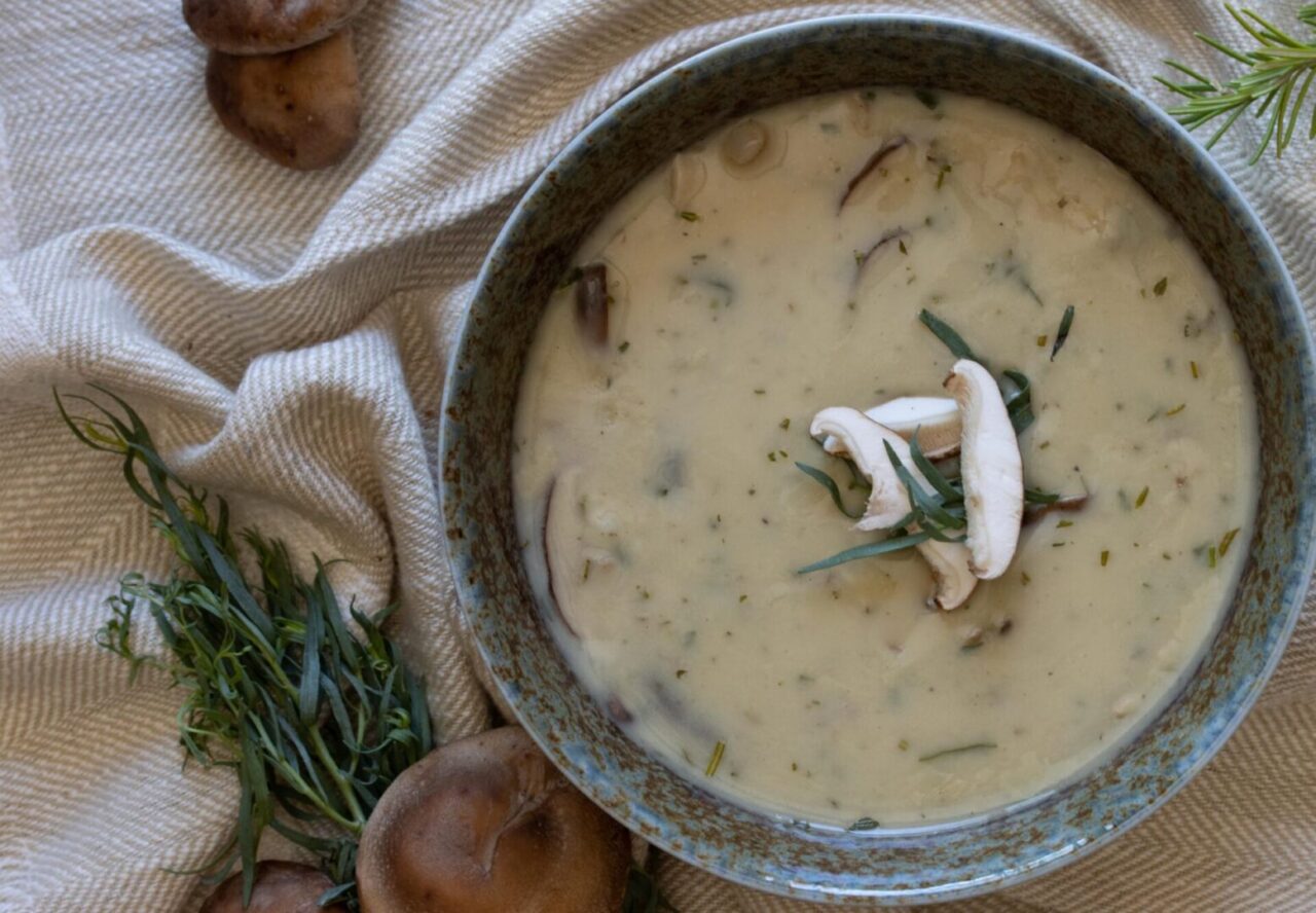 Shiitake mushrooms gravy with sliced fresh mushrooms over it,