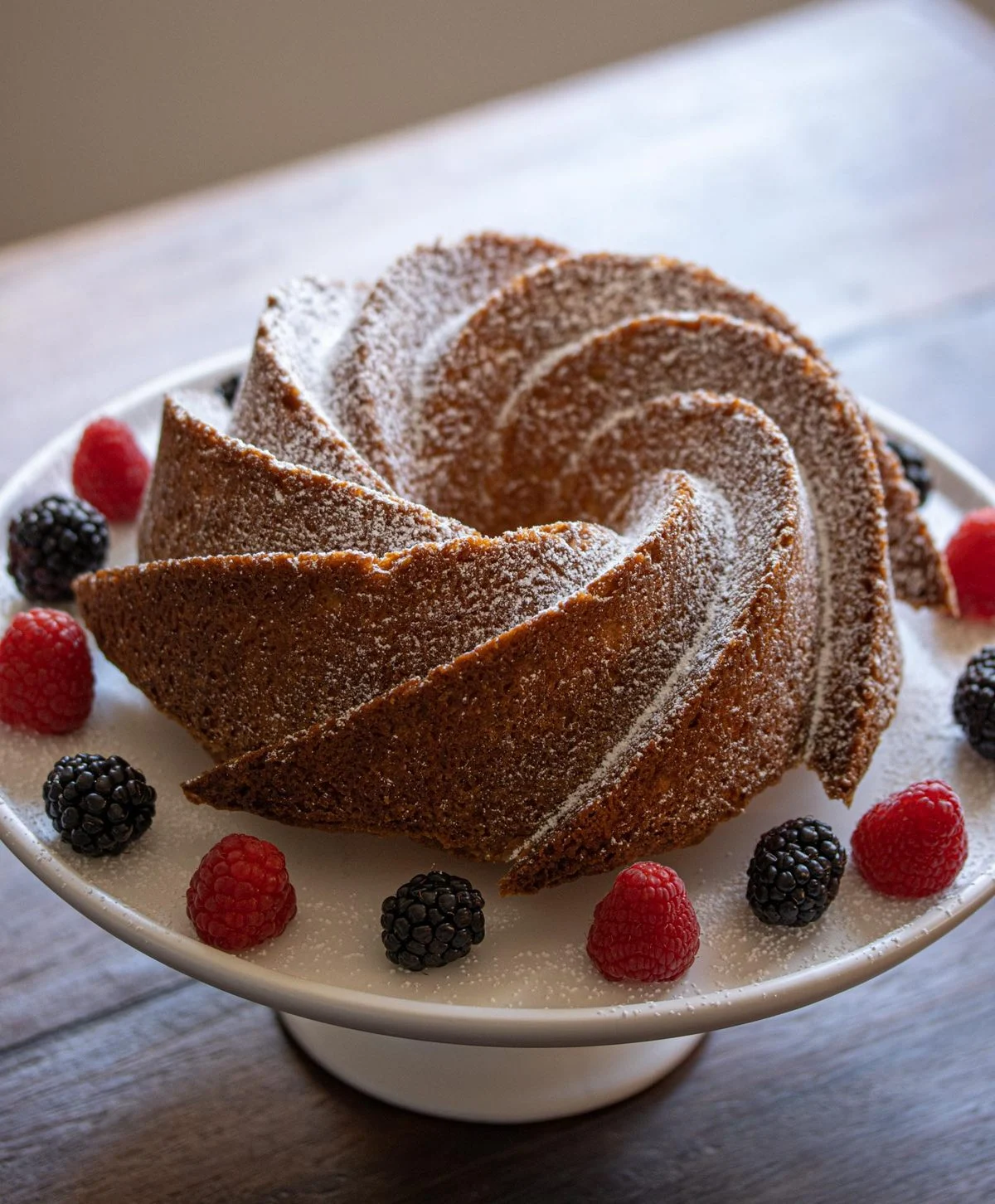 Quatre - Quarts French Pound Cake or Quatre Quarts baked in a decorative mold and placed on a white cake stand with raspberries and blackberries around it.