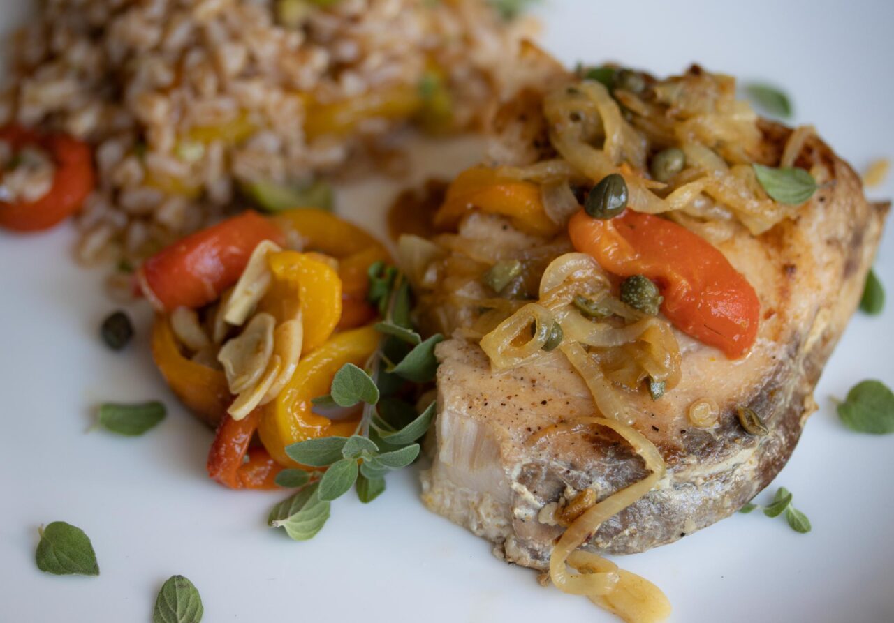 swordfish with onions & roasted bell peppers