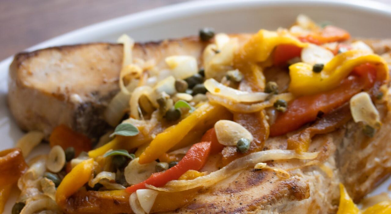 swordfish with onions & roasted bell peppers
