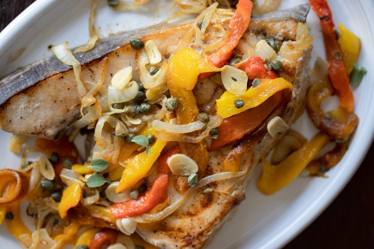 swordfish with onions & roasted bell peppers