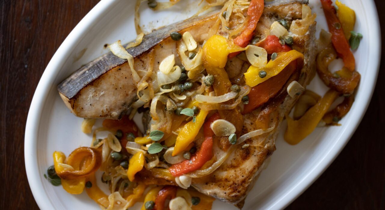 swordfish with onions & roasted bell peppers