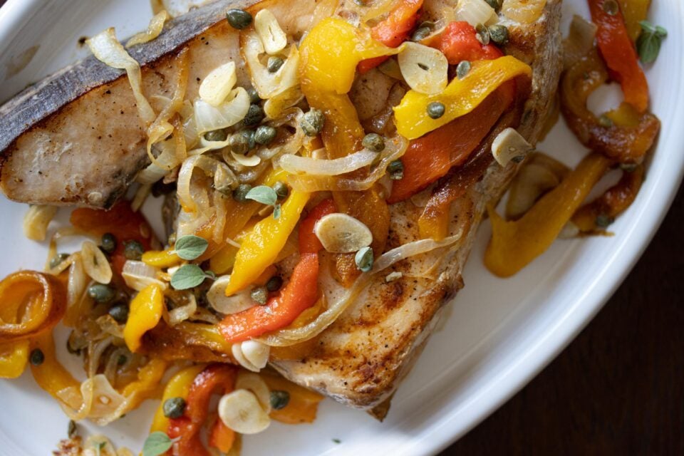 Swordfish with Onions & Roasted Bell Peppers Giangi's Kitchen