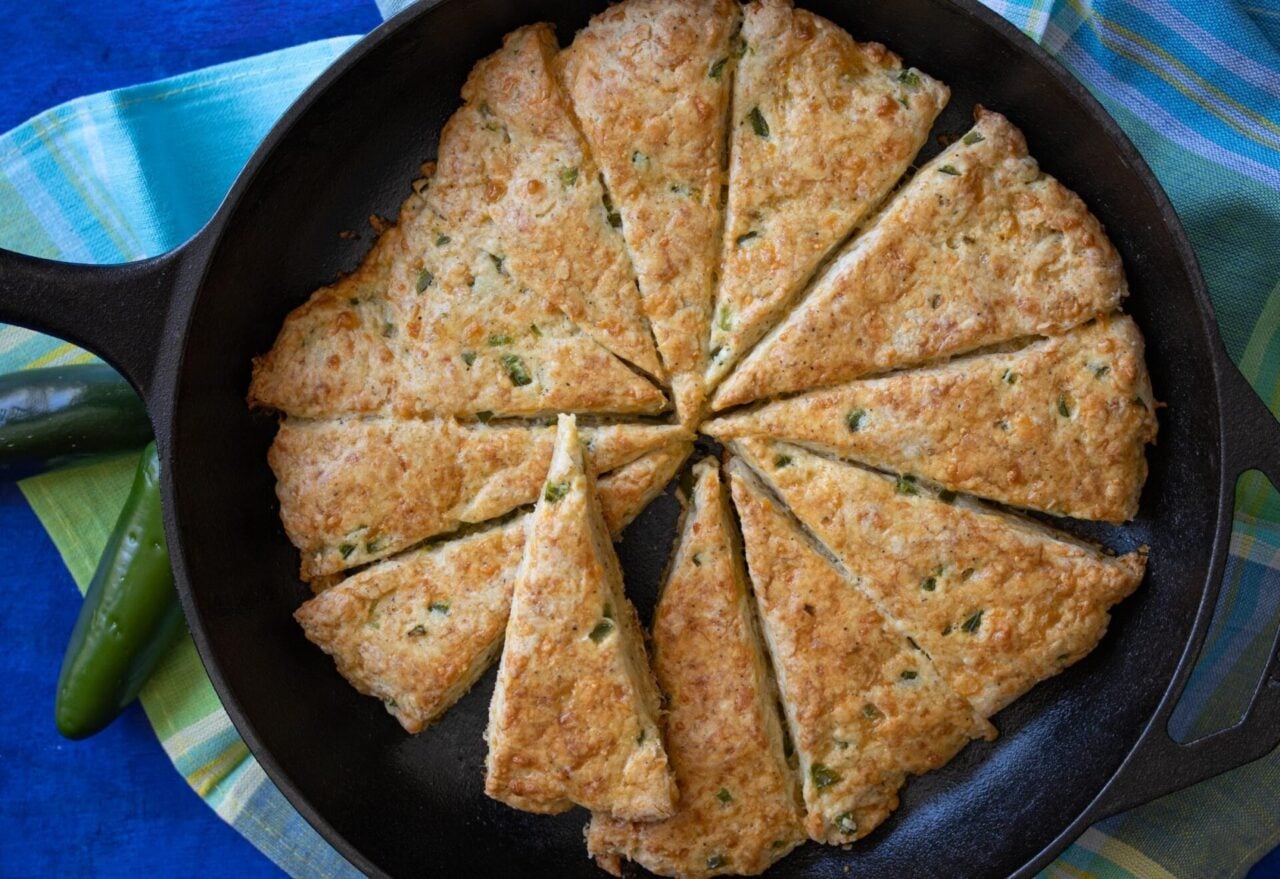 cheddar and jalapeno scones cheddar and jalapeno scones in a cast iron skillet.