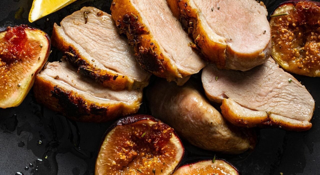 figs and seared duck breasts sliced