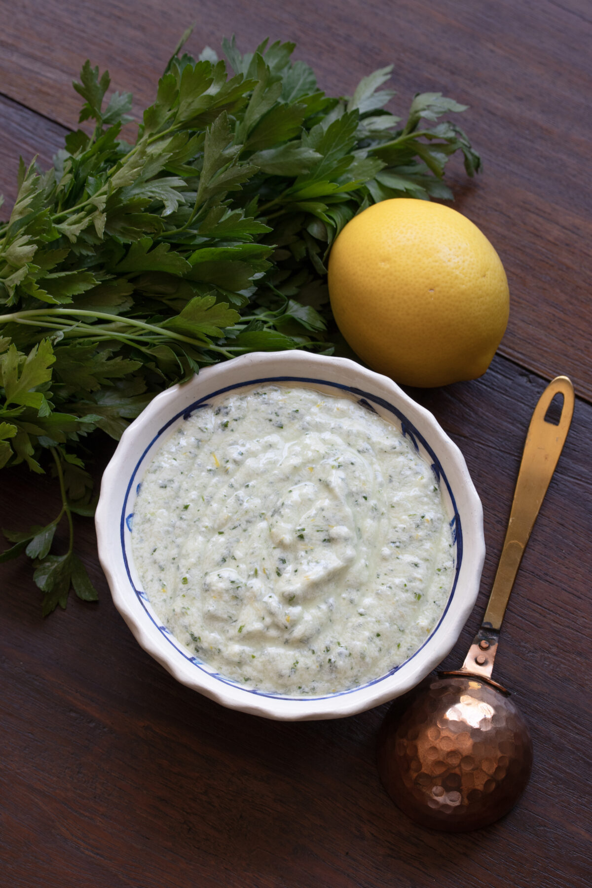 Yogurt Feta Sauce Creamy yogurt feta sauce served in a white bowl with parsley adn lemon around it.