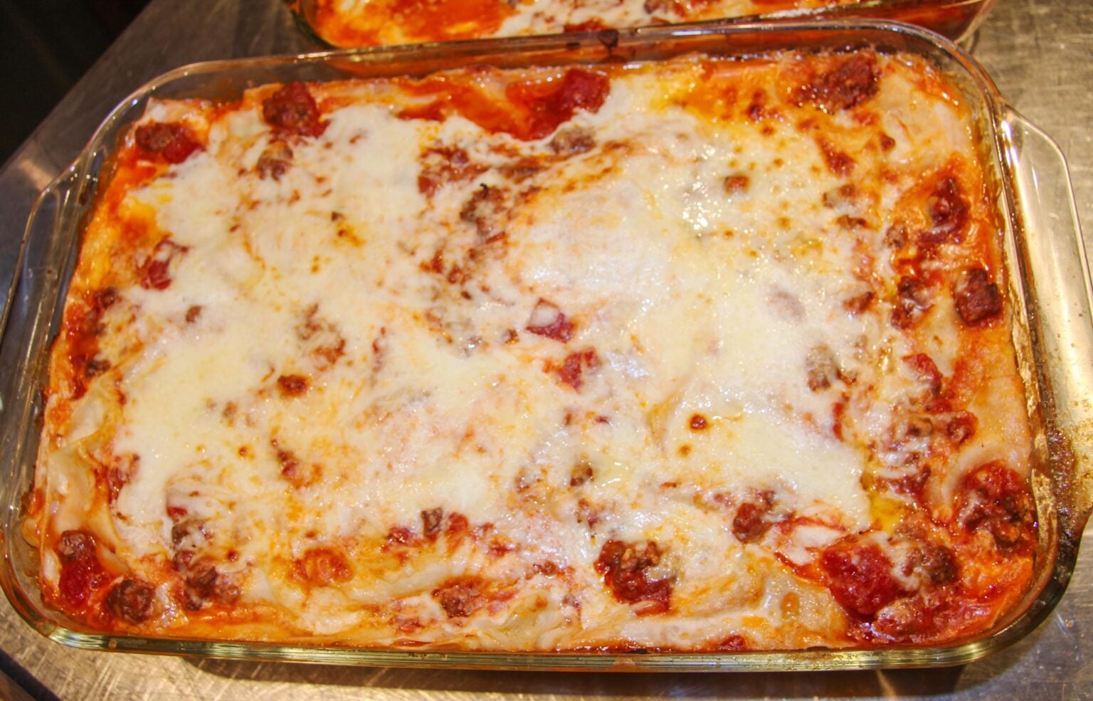 lasagne al forno in the baking glass dish