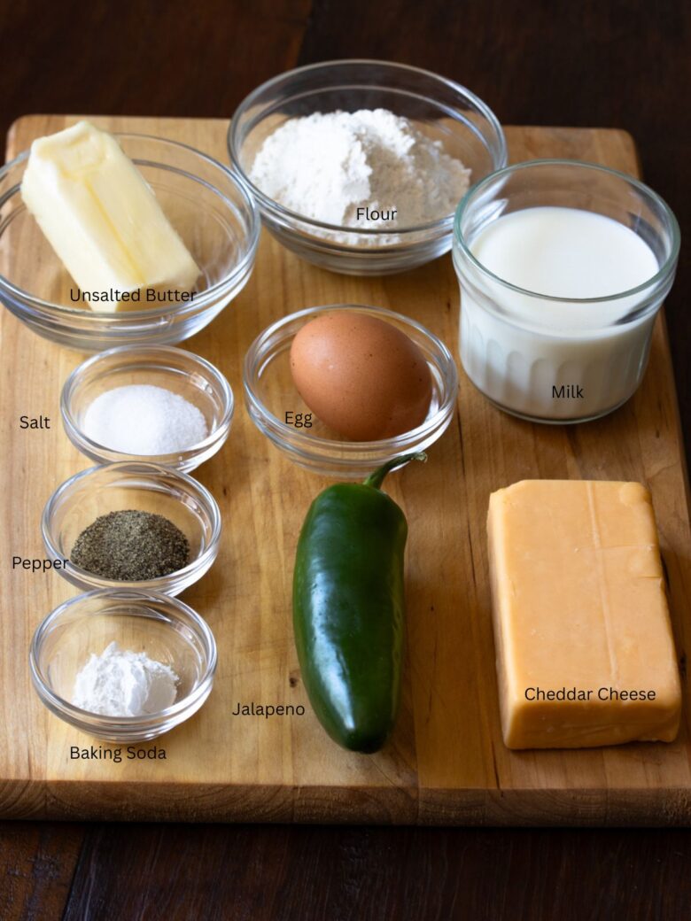 Ingredients needed to make this cheddar, jalapeno scones.