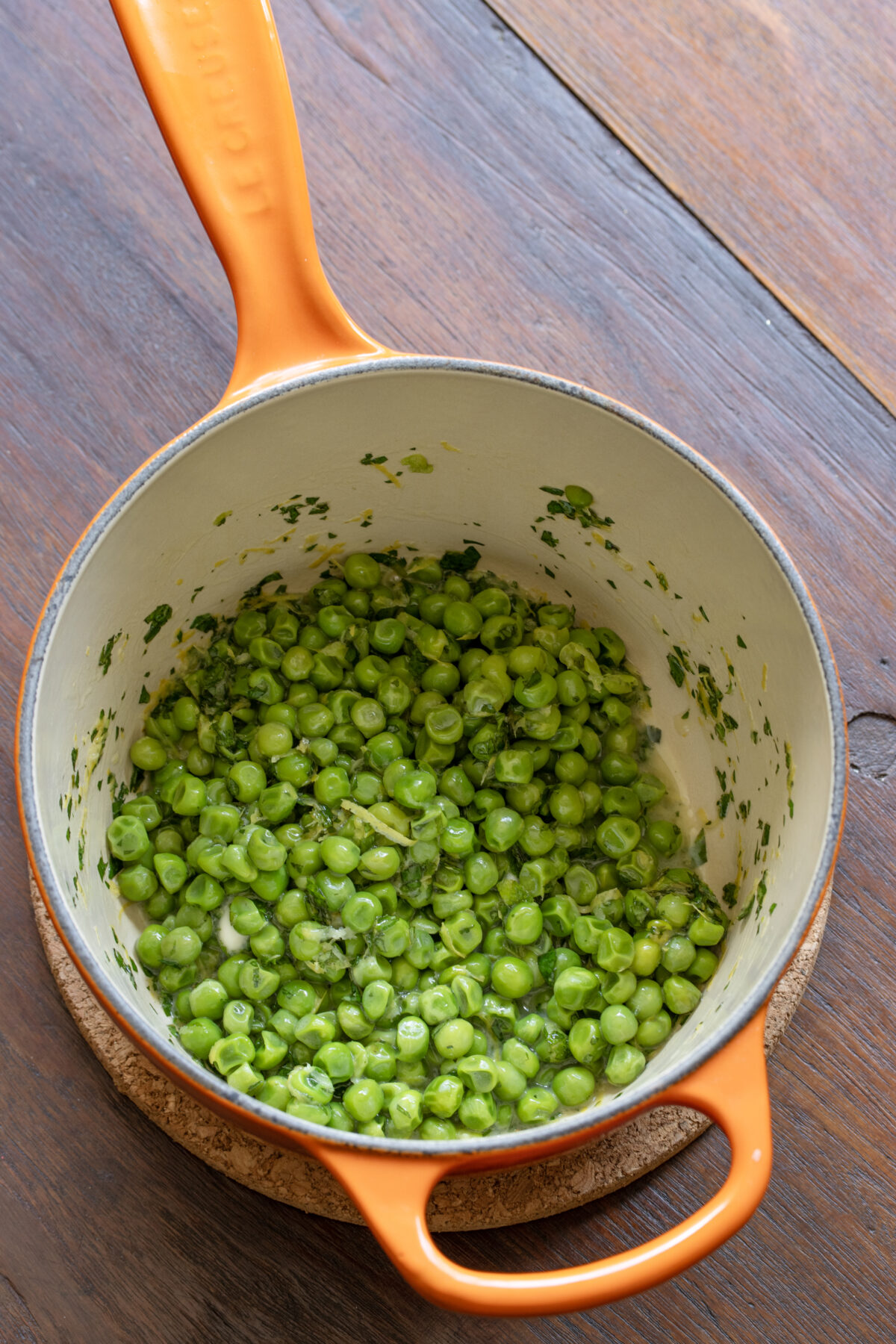 The peas are ready to be enjoyed once the butter has melted.