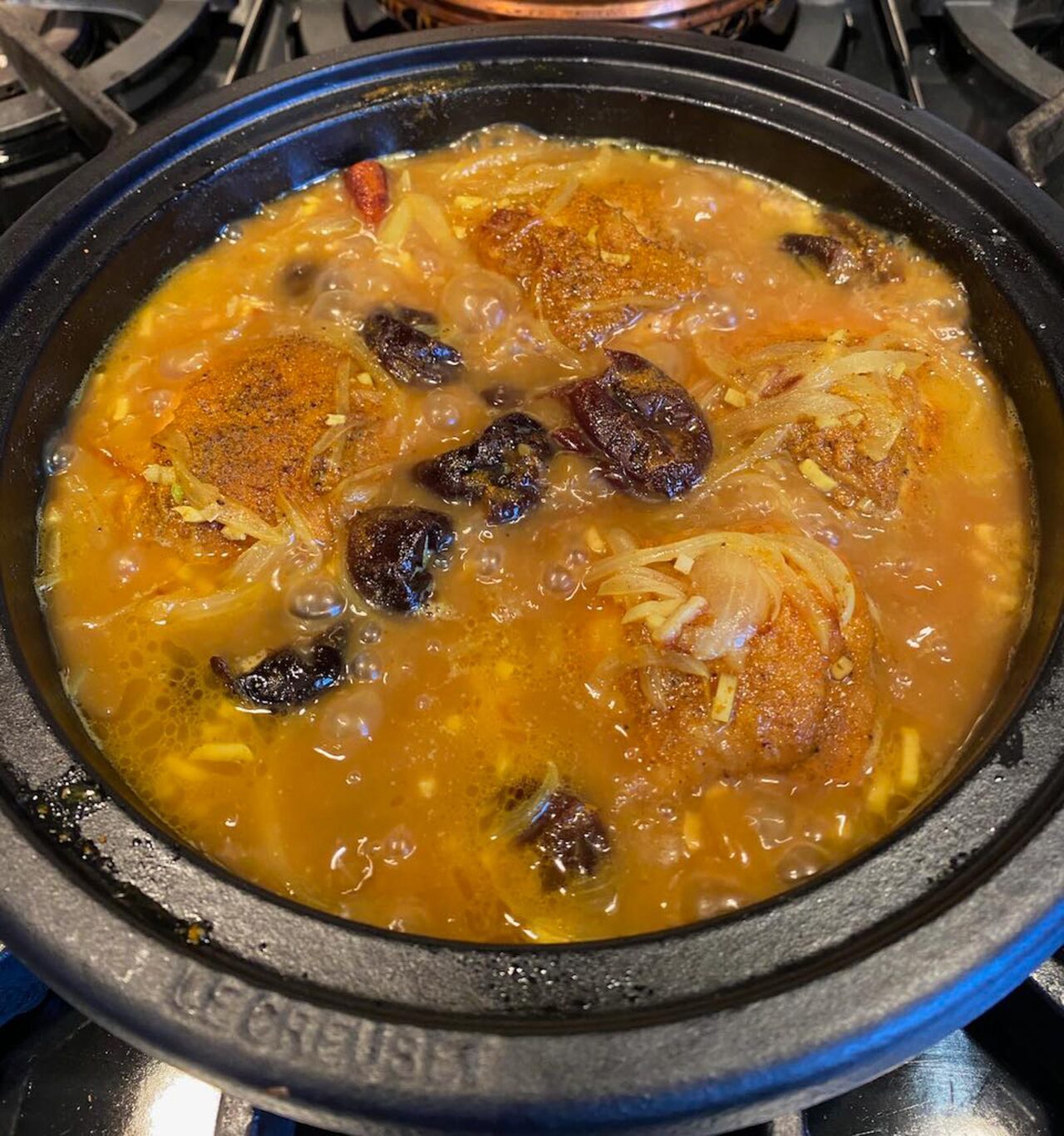 All ingredients added to the tagine. 