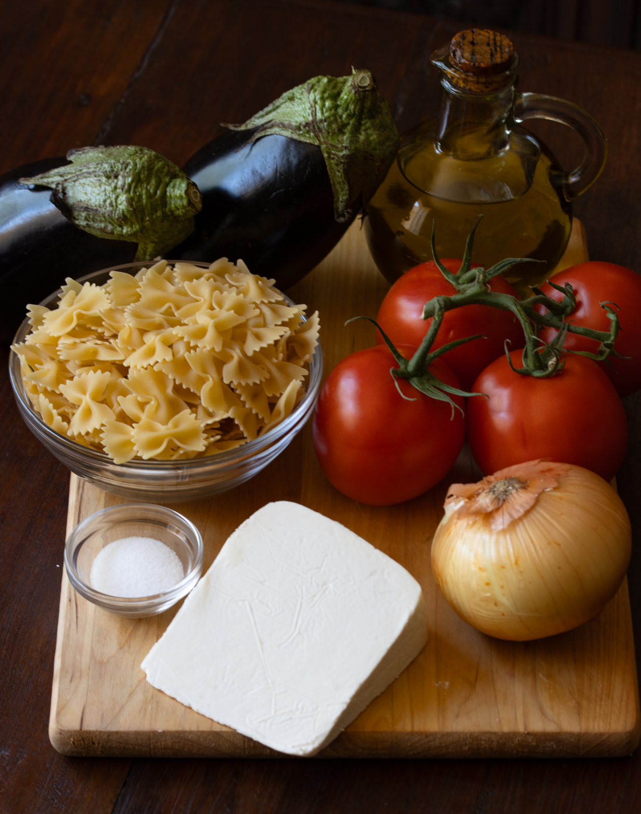 Eggplant, Pasta And Ricotta Salata Pasta all aNorma ingredients used.