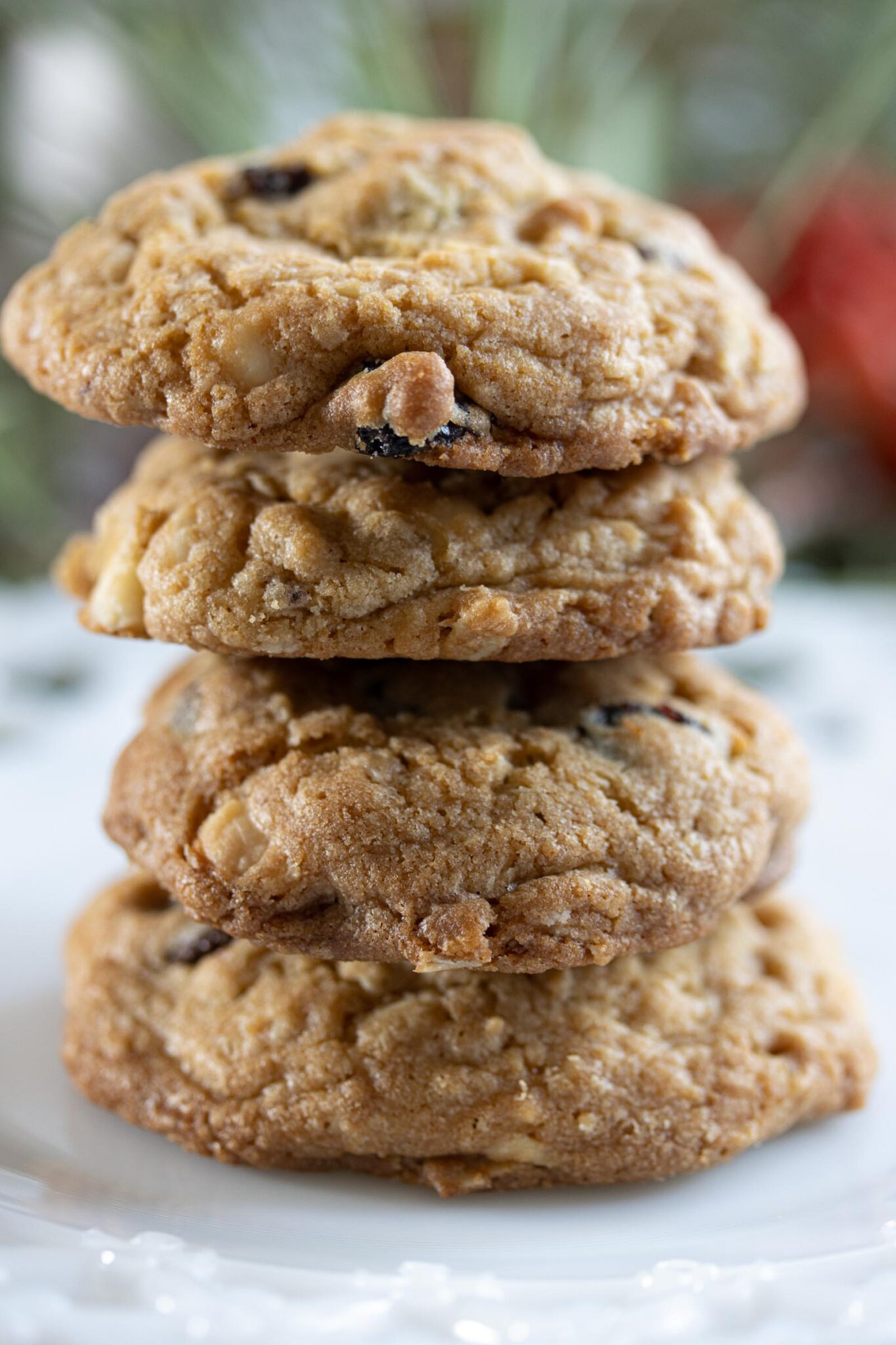 Dried Cranberry Chocolate chip cookies stacked up.