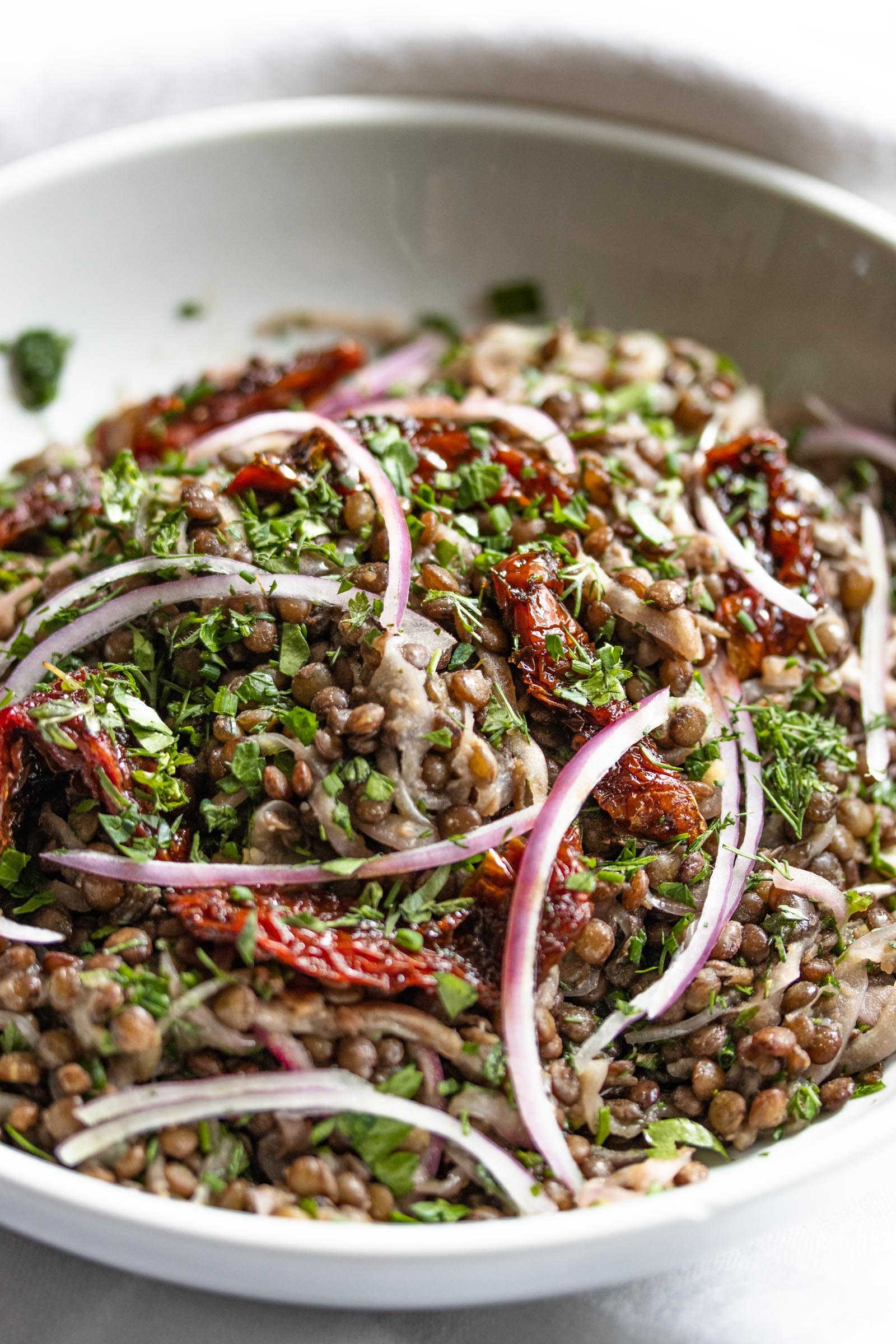 Lentils Salad with Sun-Dried Tomatoes, Onion and Fresh Herbs
