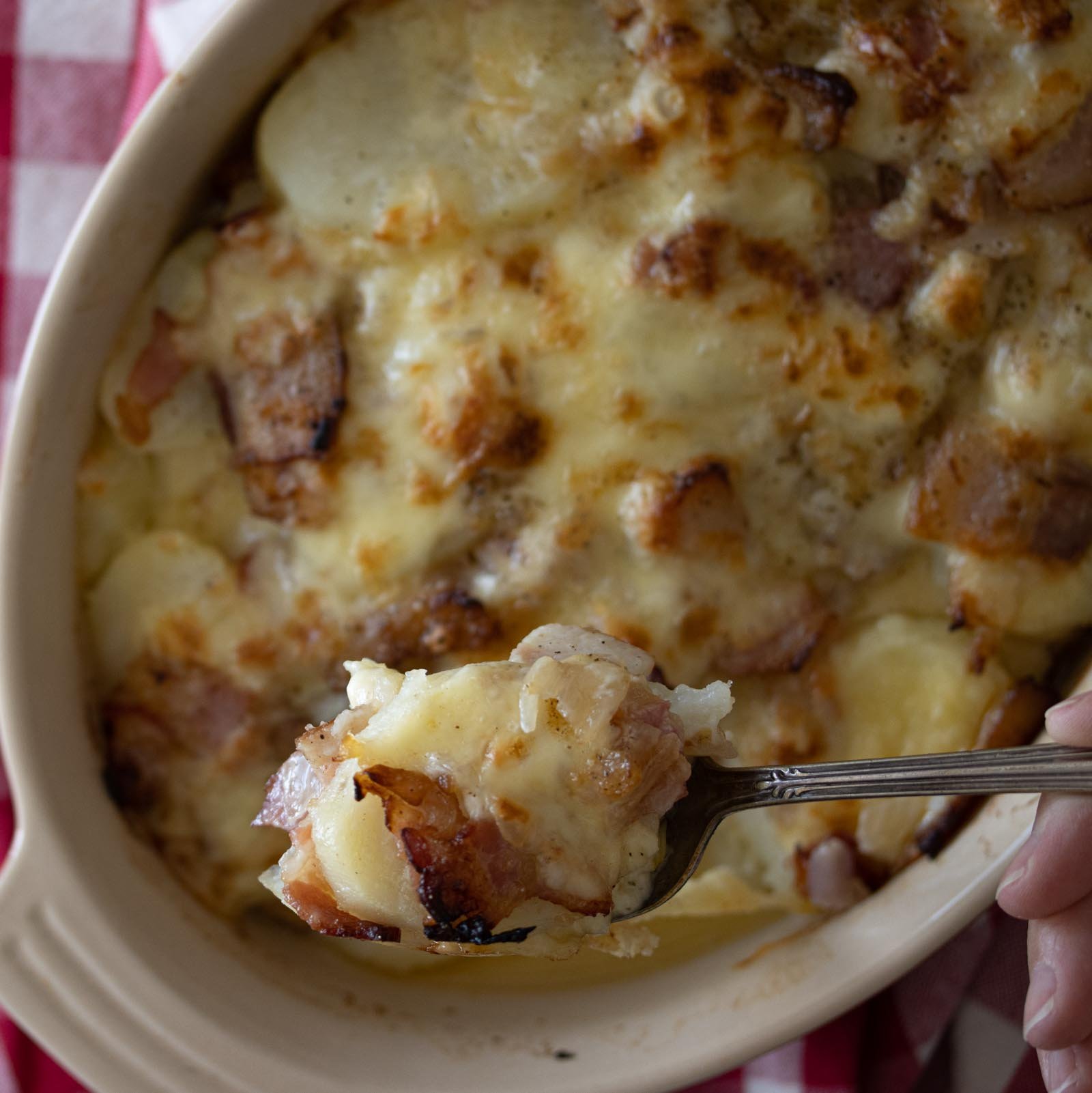 Bacon, Onion, Raclette Potato Gratin