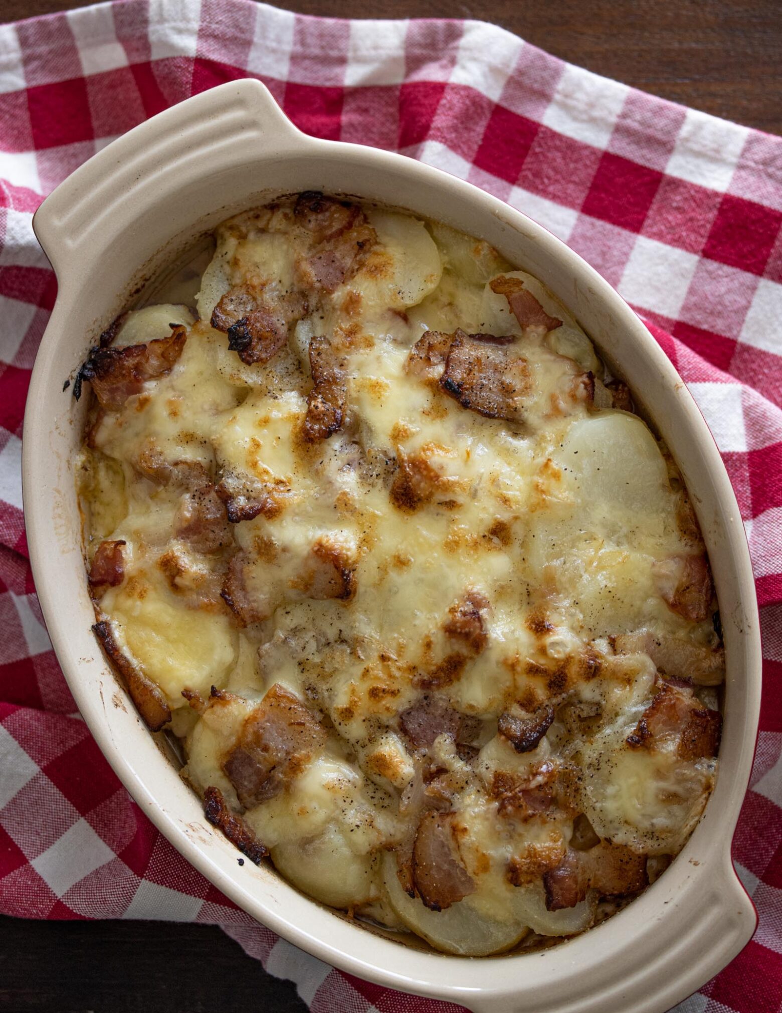 Bacon, Onion, Raclette Potato Gratin