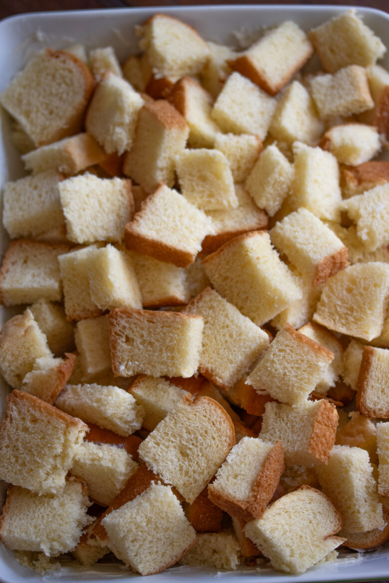 Bread cut into small pieces for baked French toast