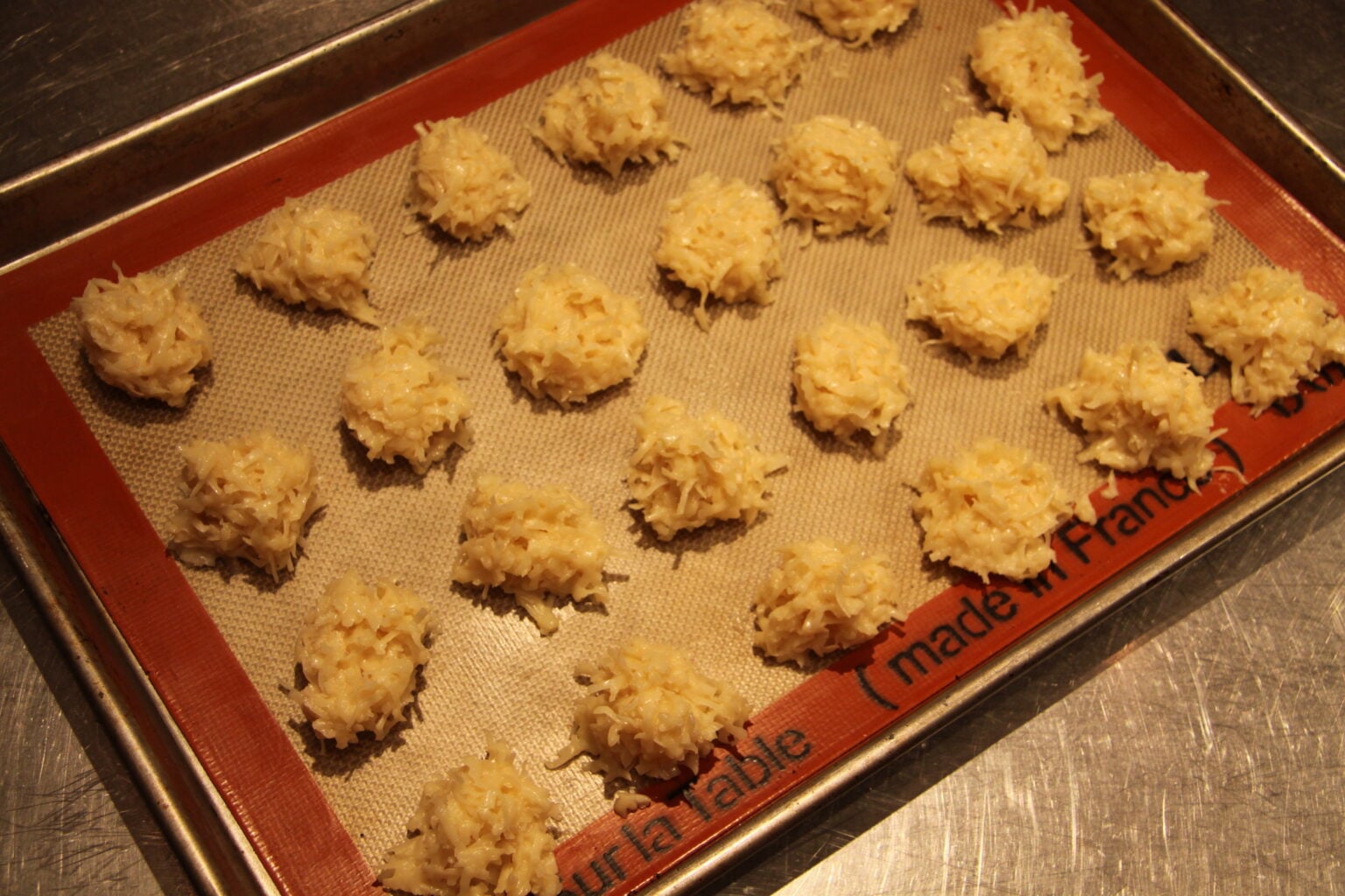Rows of the macaroons ready to go into the oven.