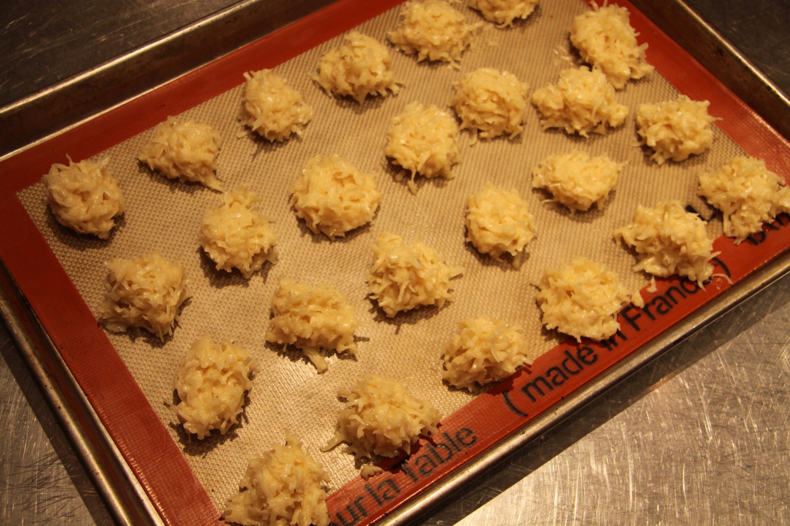 Rows of the macaroons ready to go into the oven. 