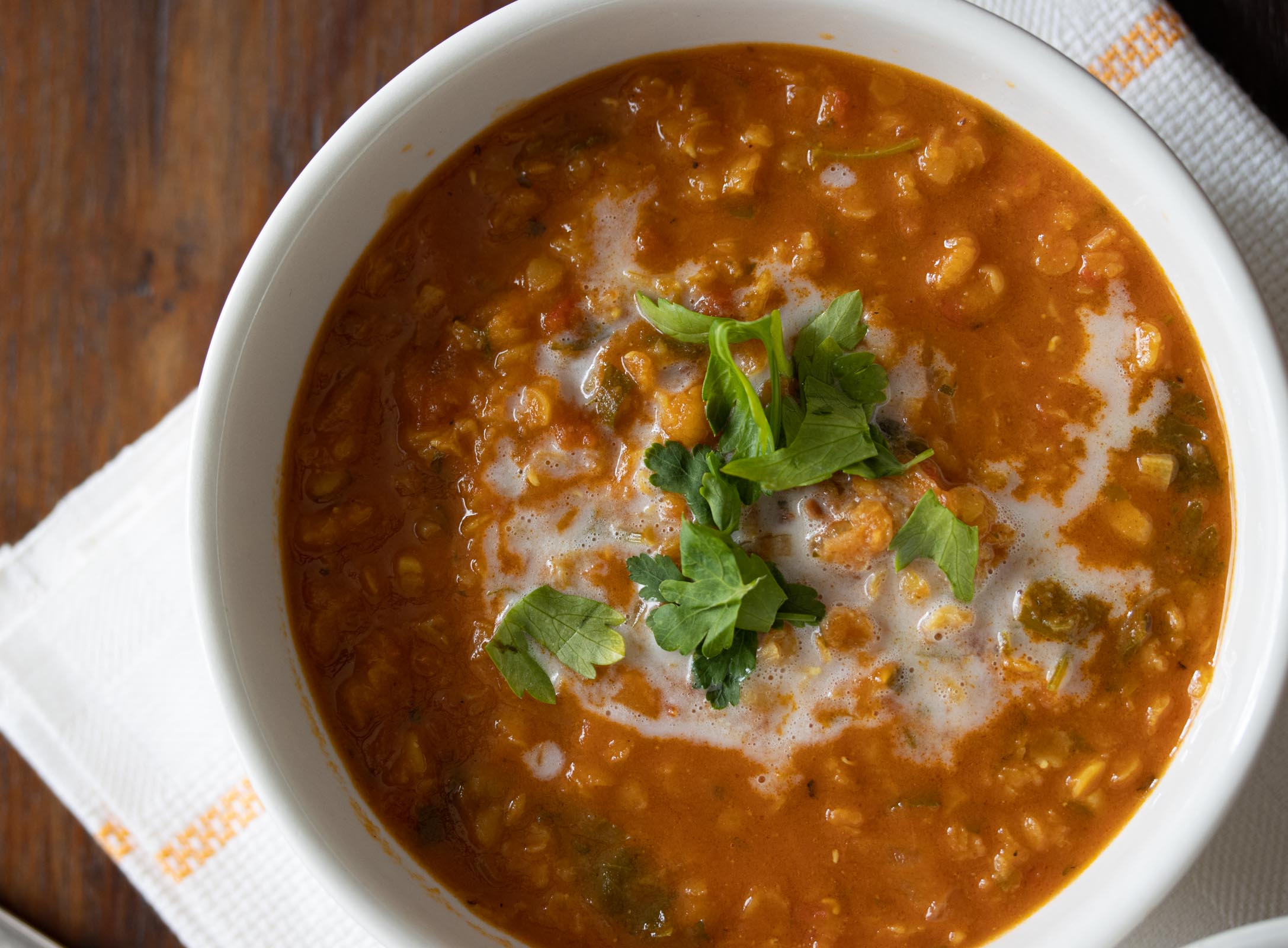 Curried lentils, tomato and coconut soup