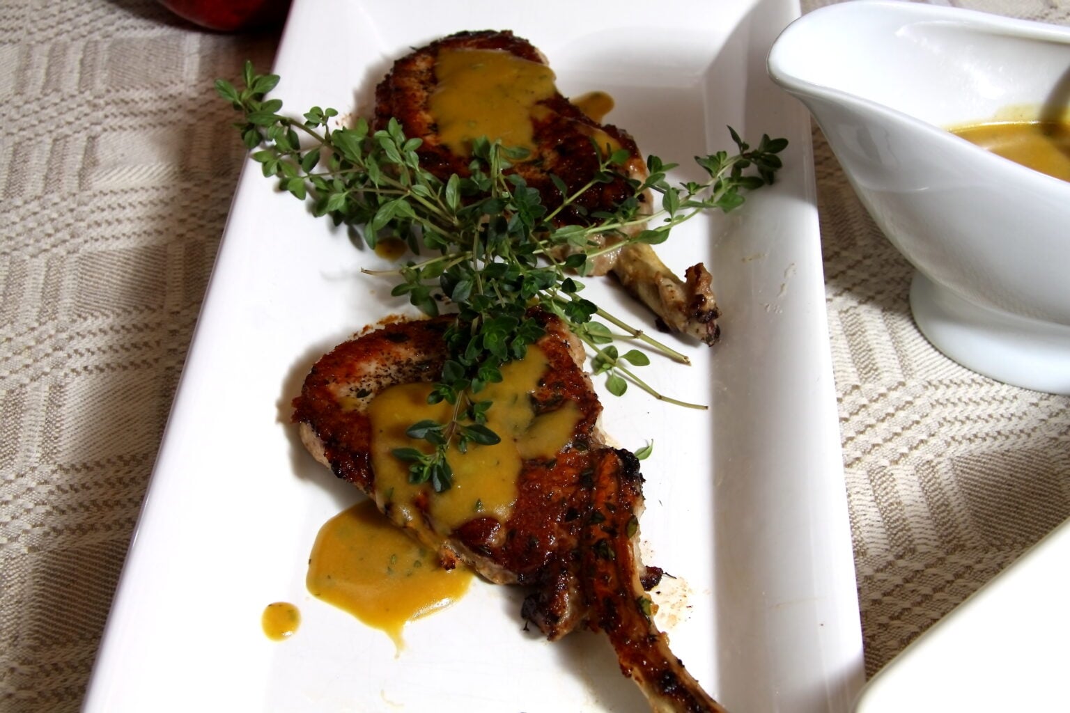 Pork chops with roasted potaotes with red wine honey mustard vinaigrette