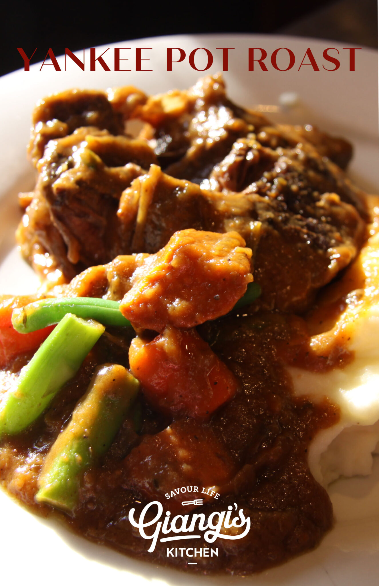 The finished yankee pot roast recipe served in a white bowl.