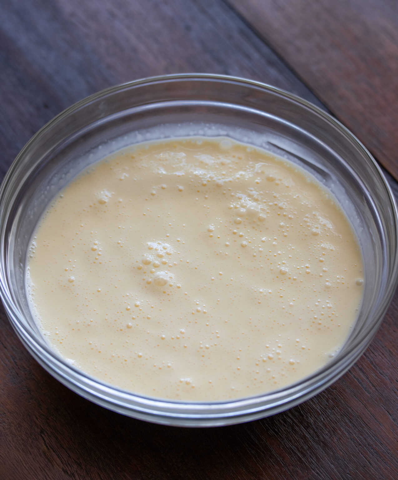 Egg and heavy cream whisked together ready to be poured over the asparagus.