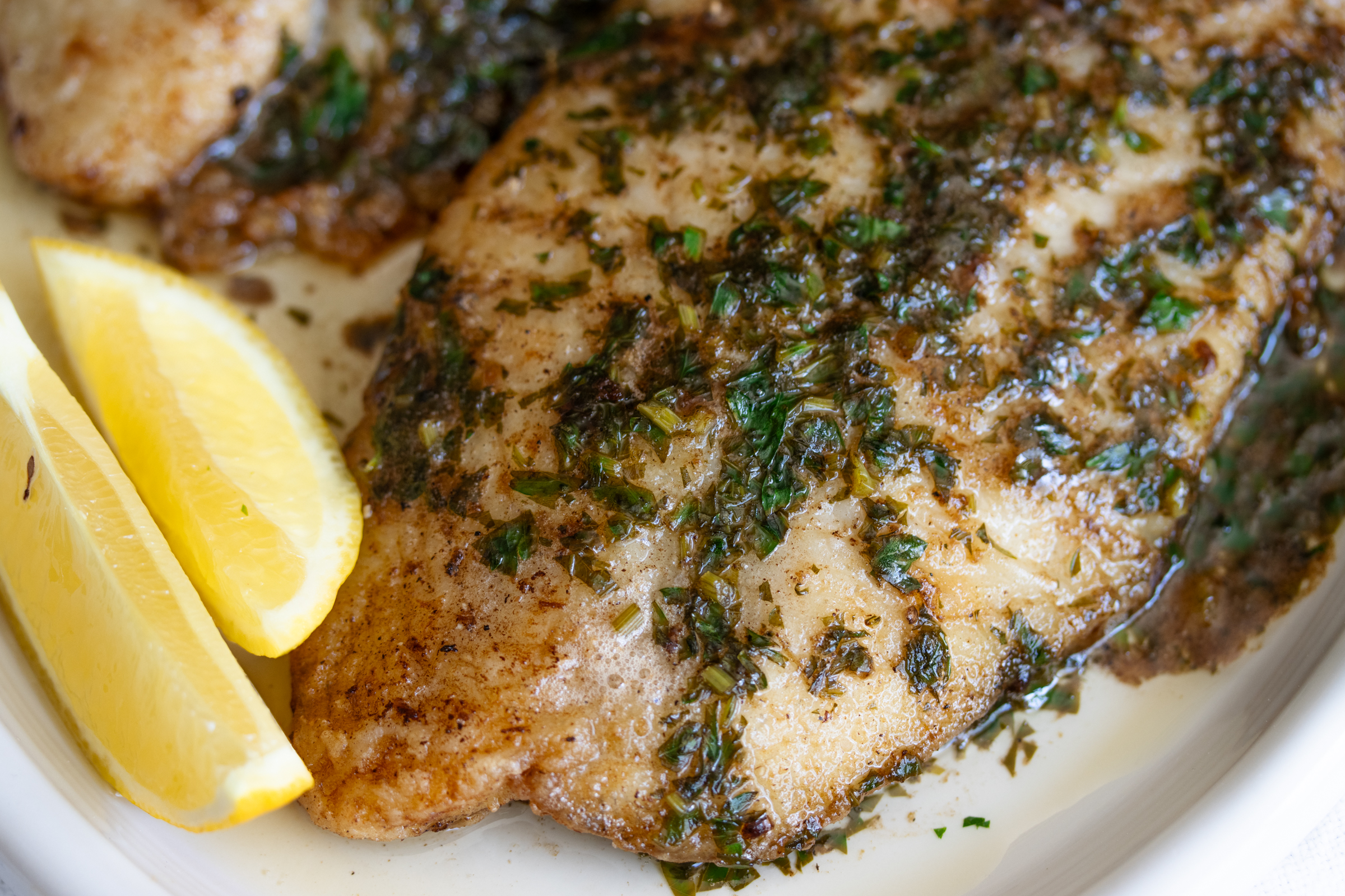 Sole Meuniere close up with lemon wedge
