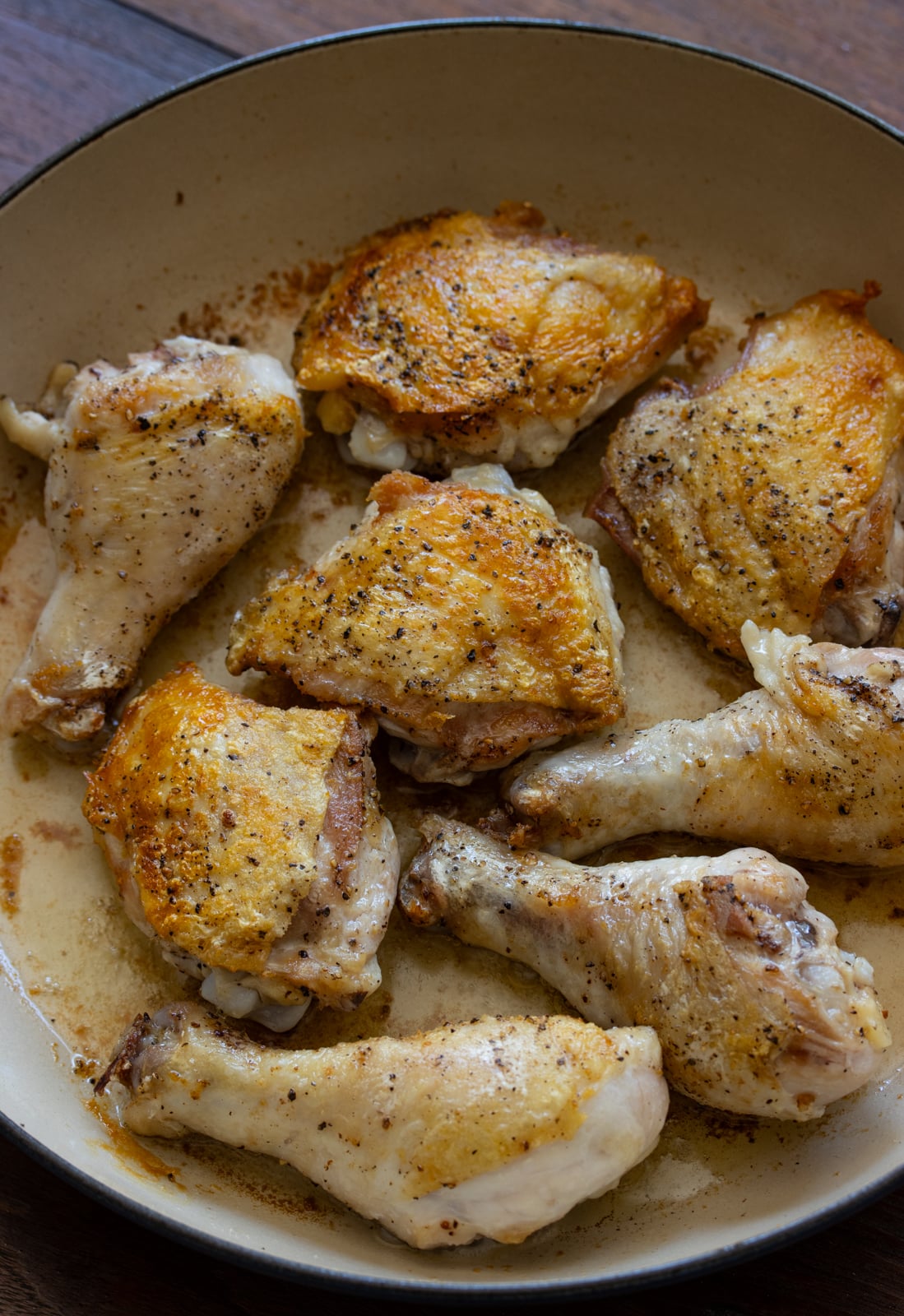 Heat the olive oil in your skillet over medium-high heat, then add the chicken, skin-side down. Do not overcrowd the pan.