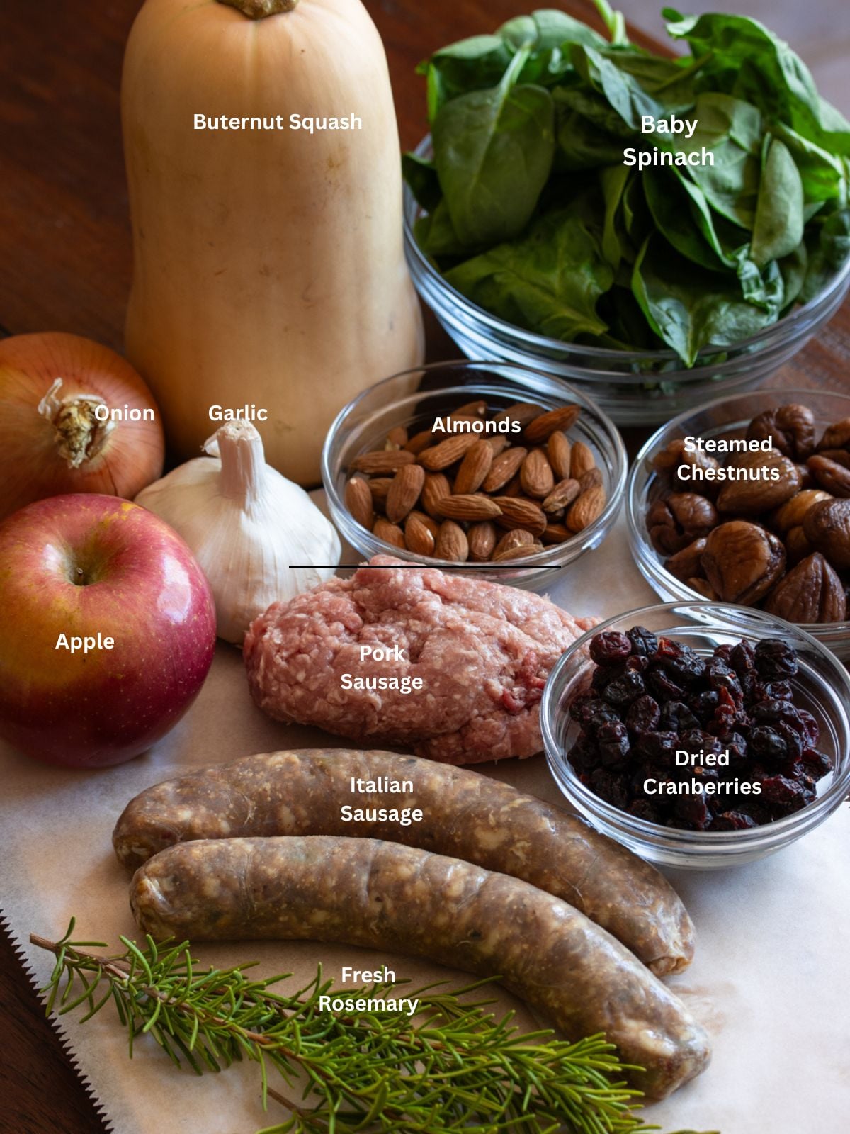 ingredients for sausage stuffed butternut squash