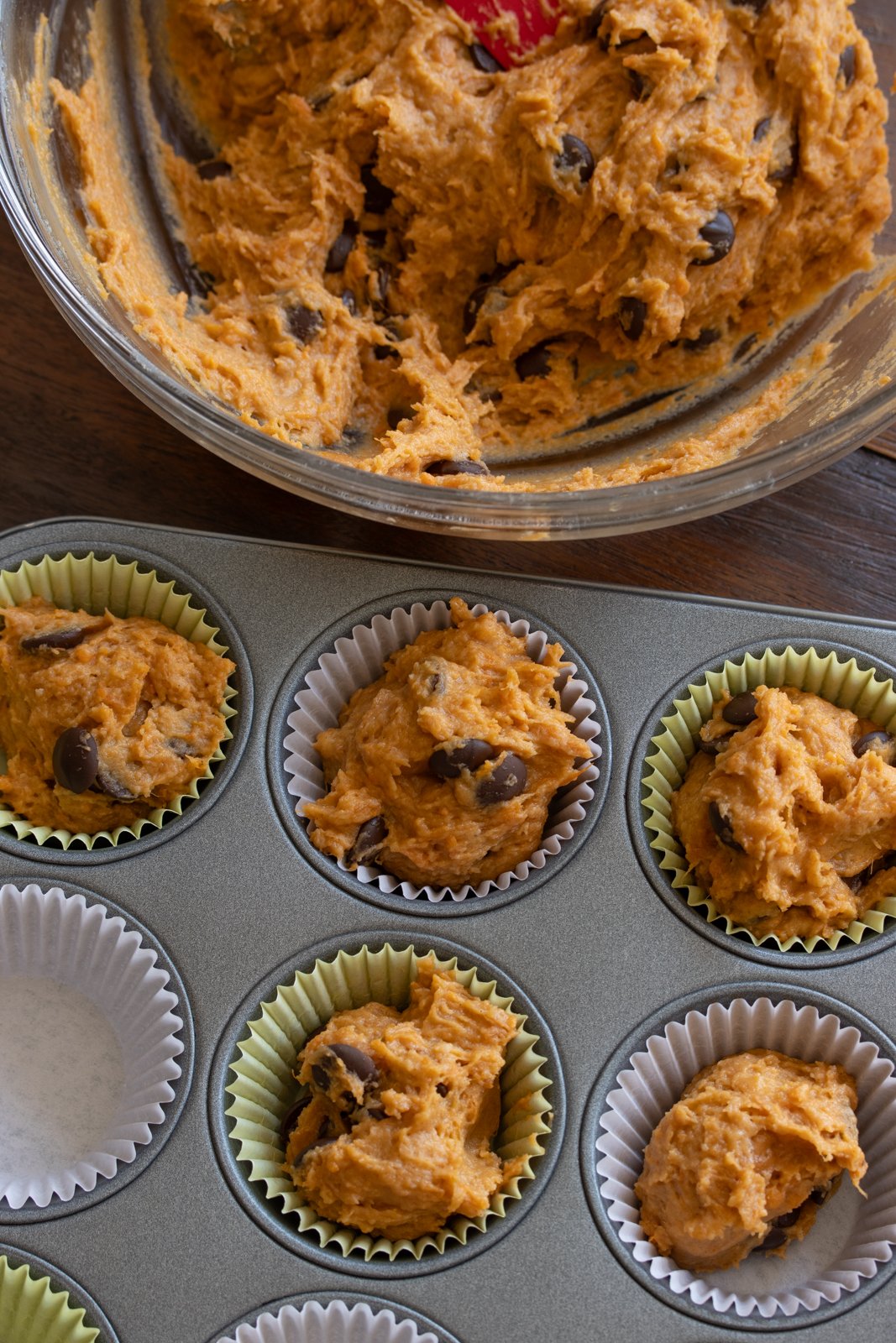 The muffin mixture put into cups.