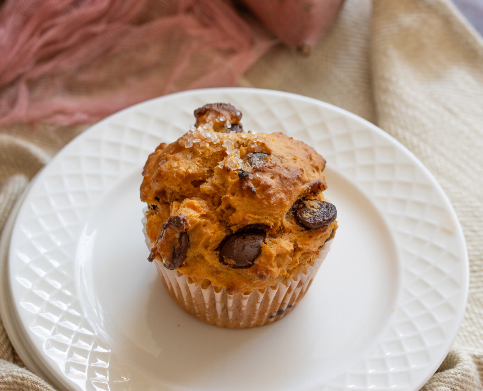 A single muffin on a white serving plate.