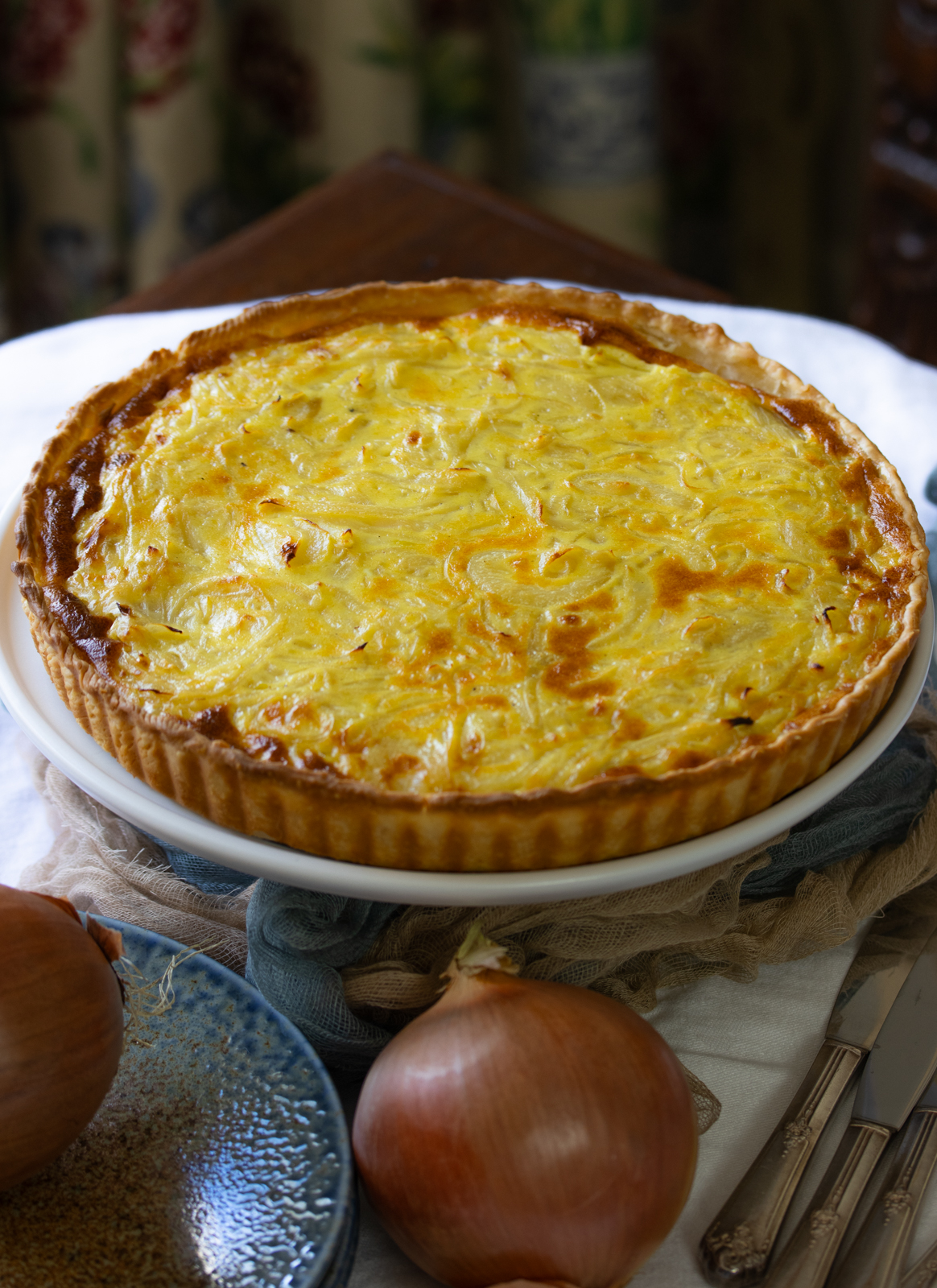 French Onion Tar out of the oven and on a serving plate