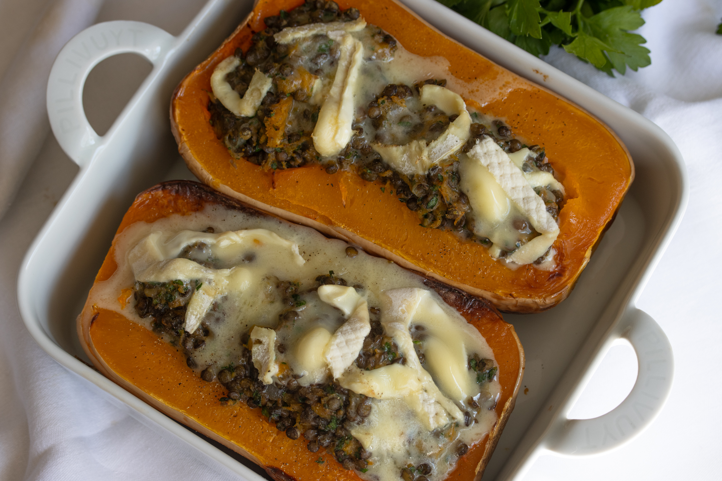 melted cheese over butternut stuffing