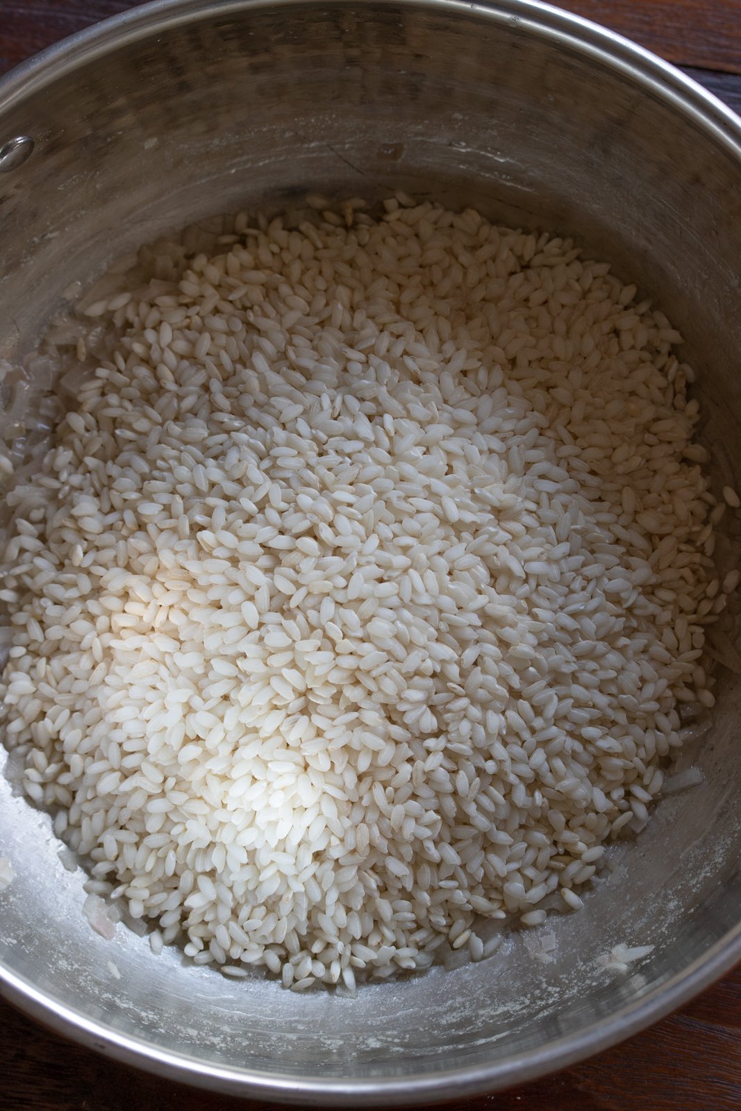 arborio rice in the pan
