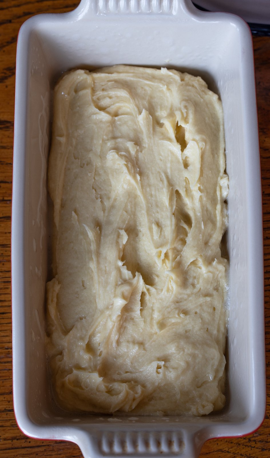 Batter in the mold ready to get into the oven.