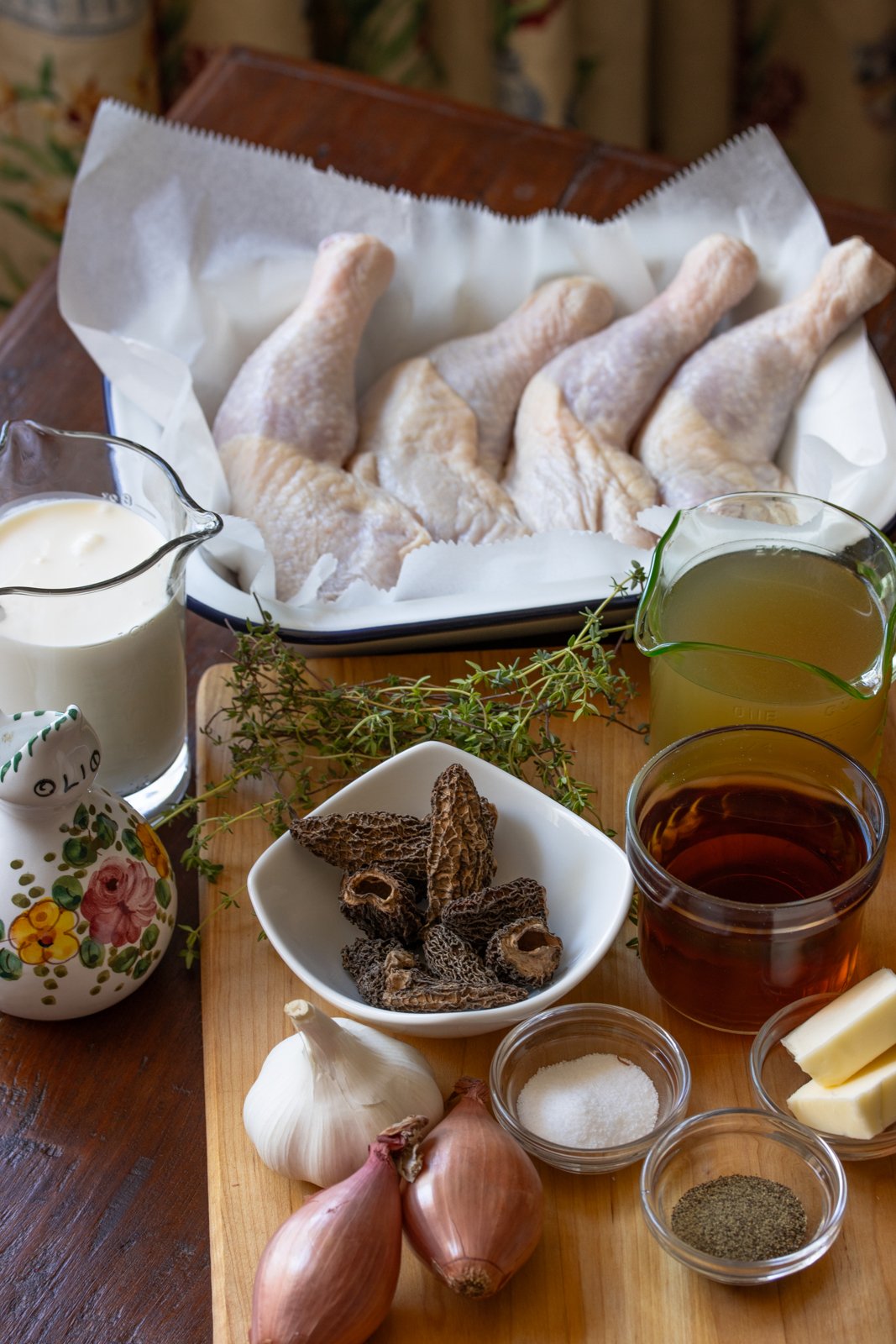 ingredients for fricassee chicken, morels, and wine