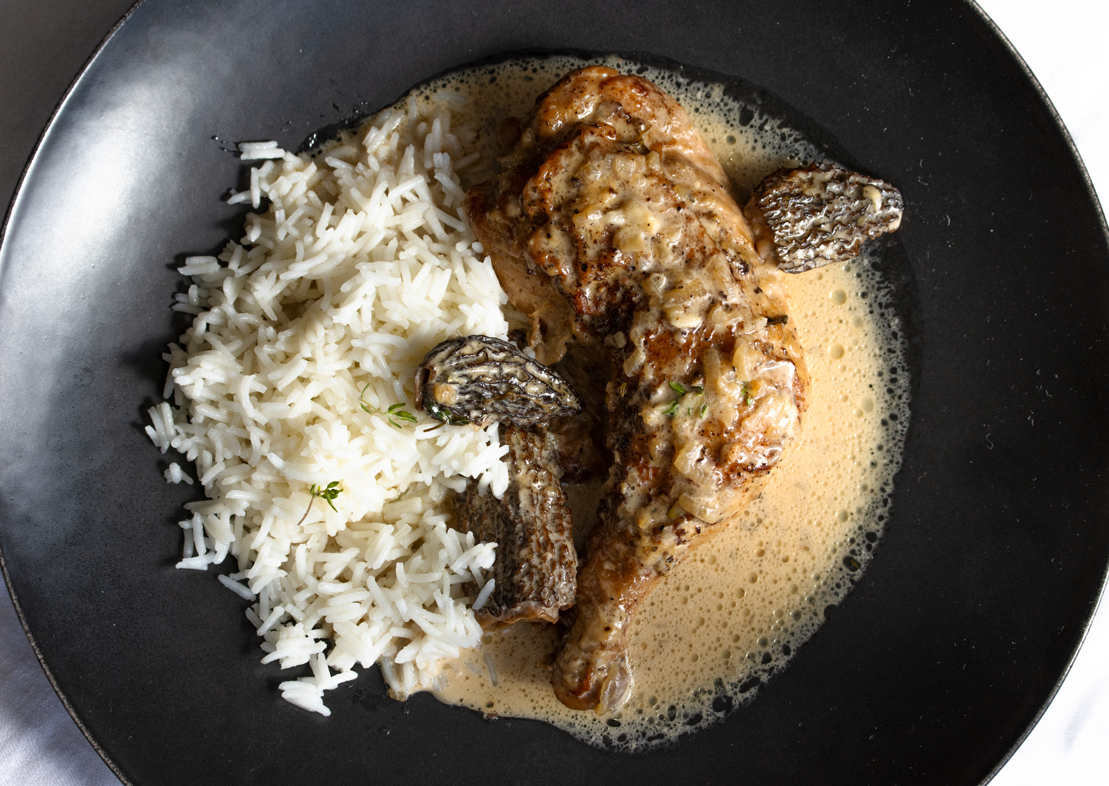 Fricassee chicken, morels, and wine
