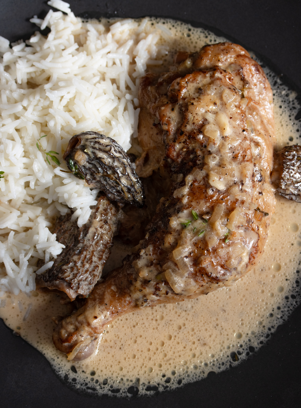 Fricassee chicken, morels, and wine