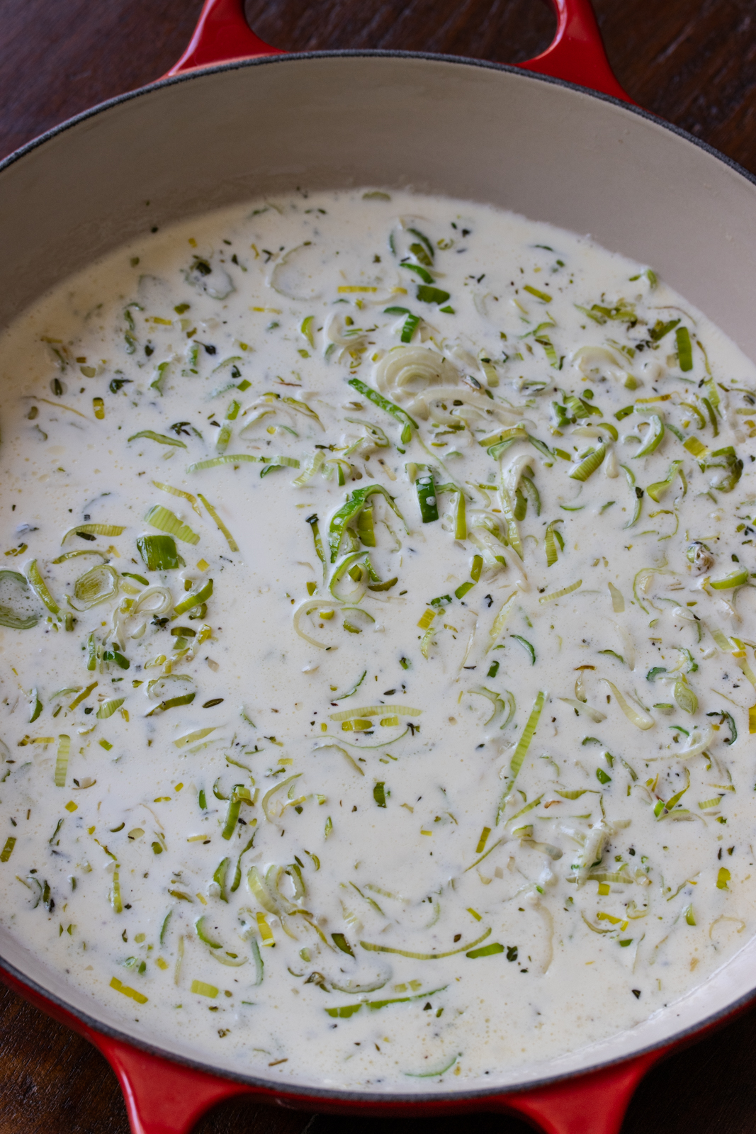 heavy cream added to the leek and garlic mixture