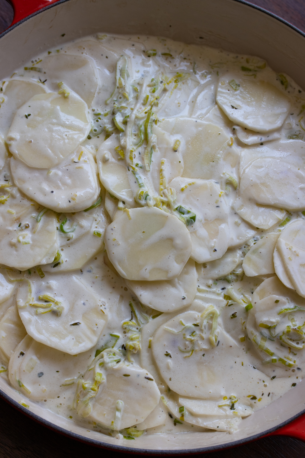 potatoes added to the leek cream mixture