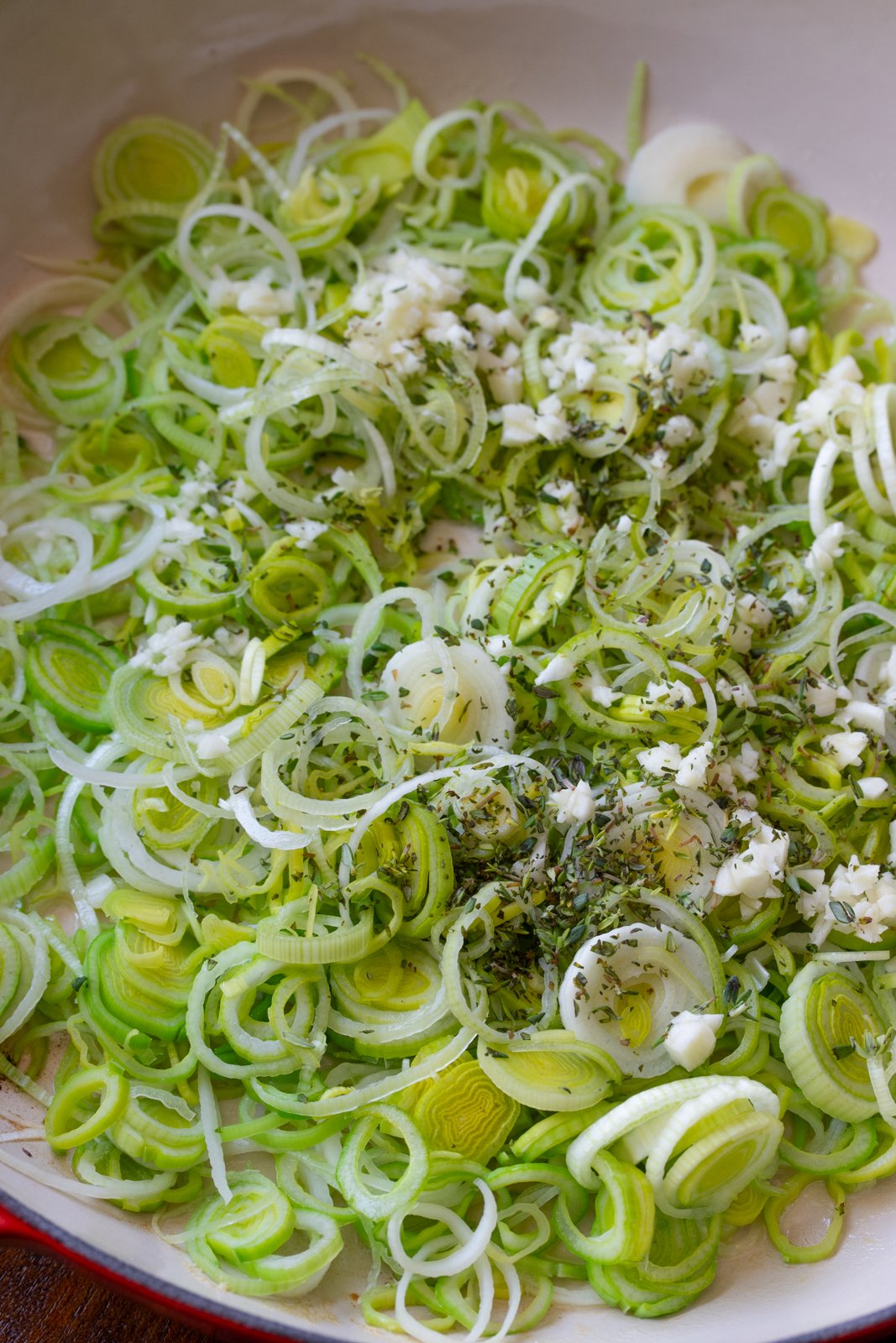 leeks sauting in large skillet
