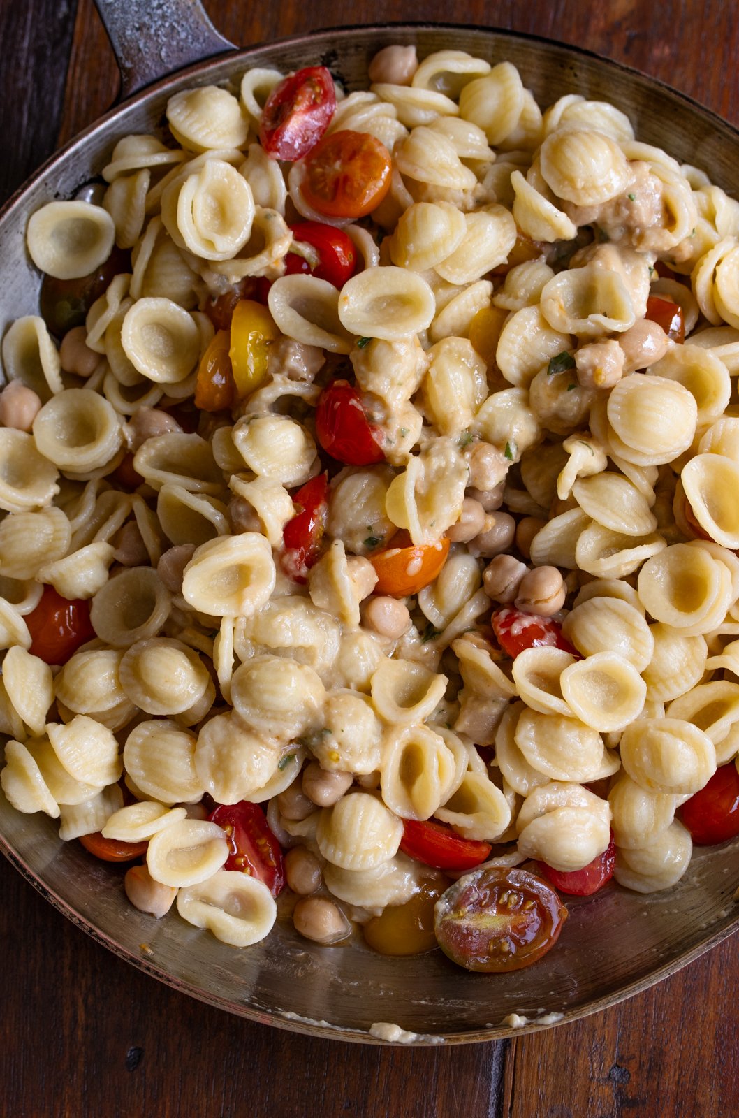 cooked orecchiette pasta mixed with the tomatoes and the pureed chickpeas