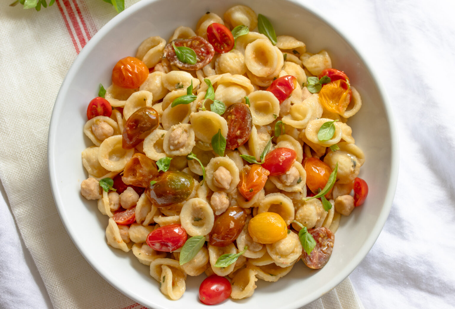 orecchiette pasta, chickpeas, and cherry tomatoes