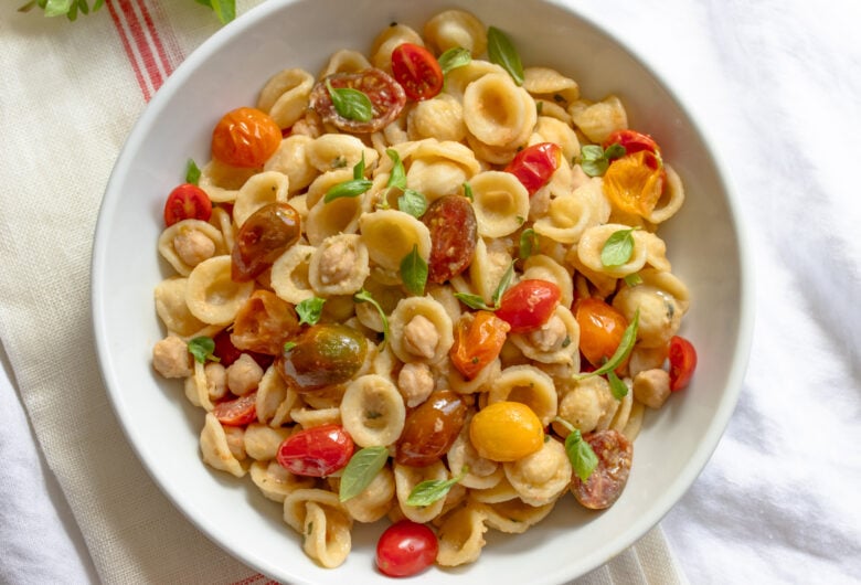 orecchiette pasta, chickpeas, and cherry tomatoes