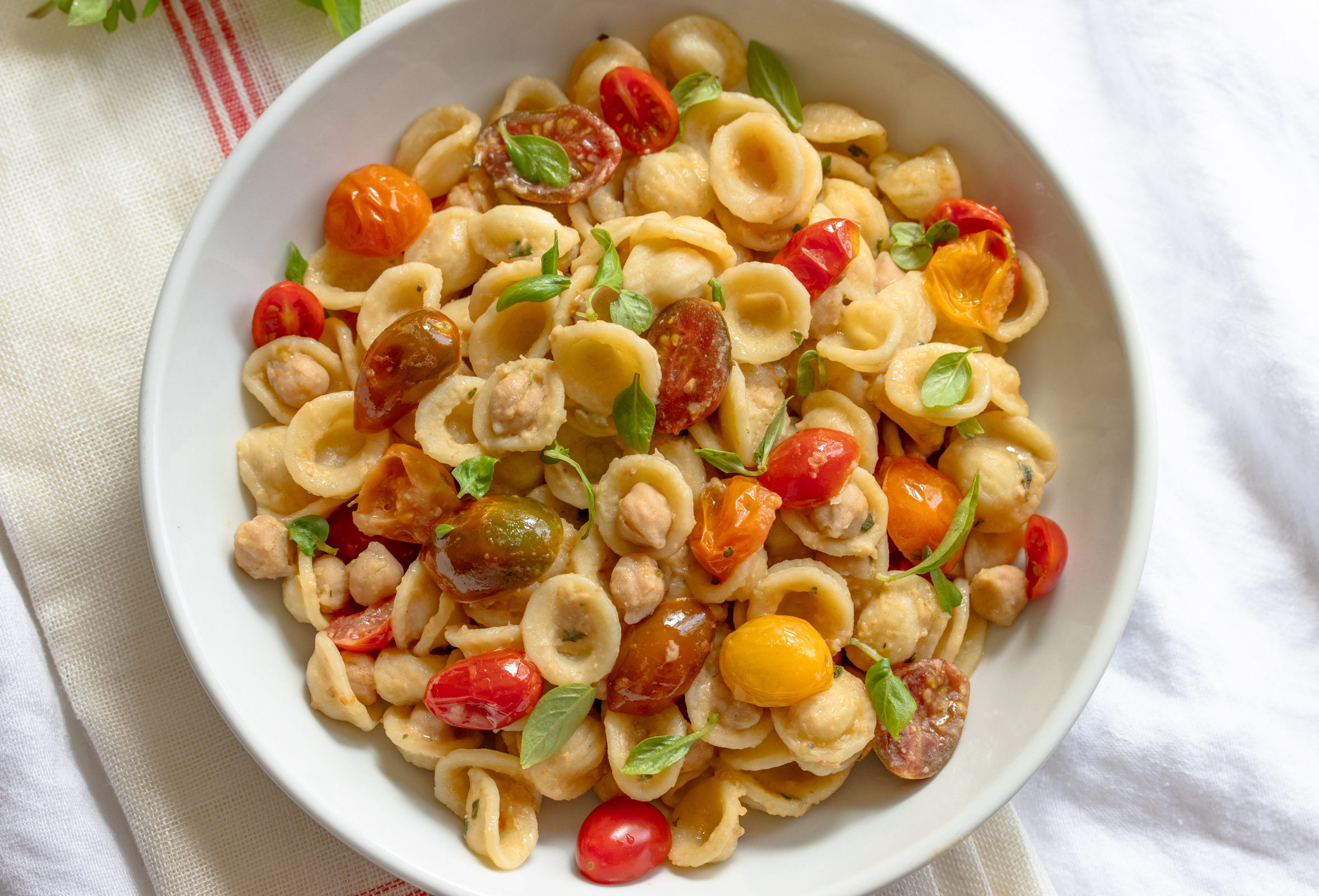 orecchiette pasta, chickpeas, and cherry tomatoes