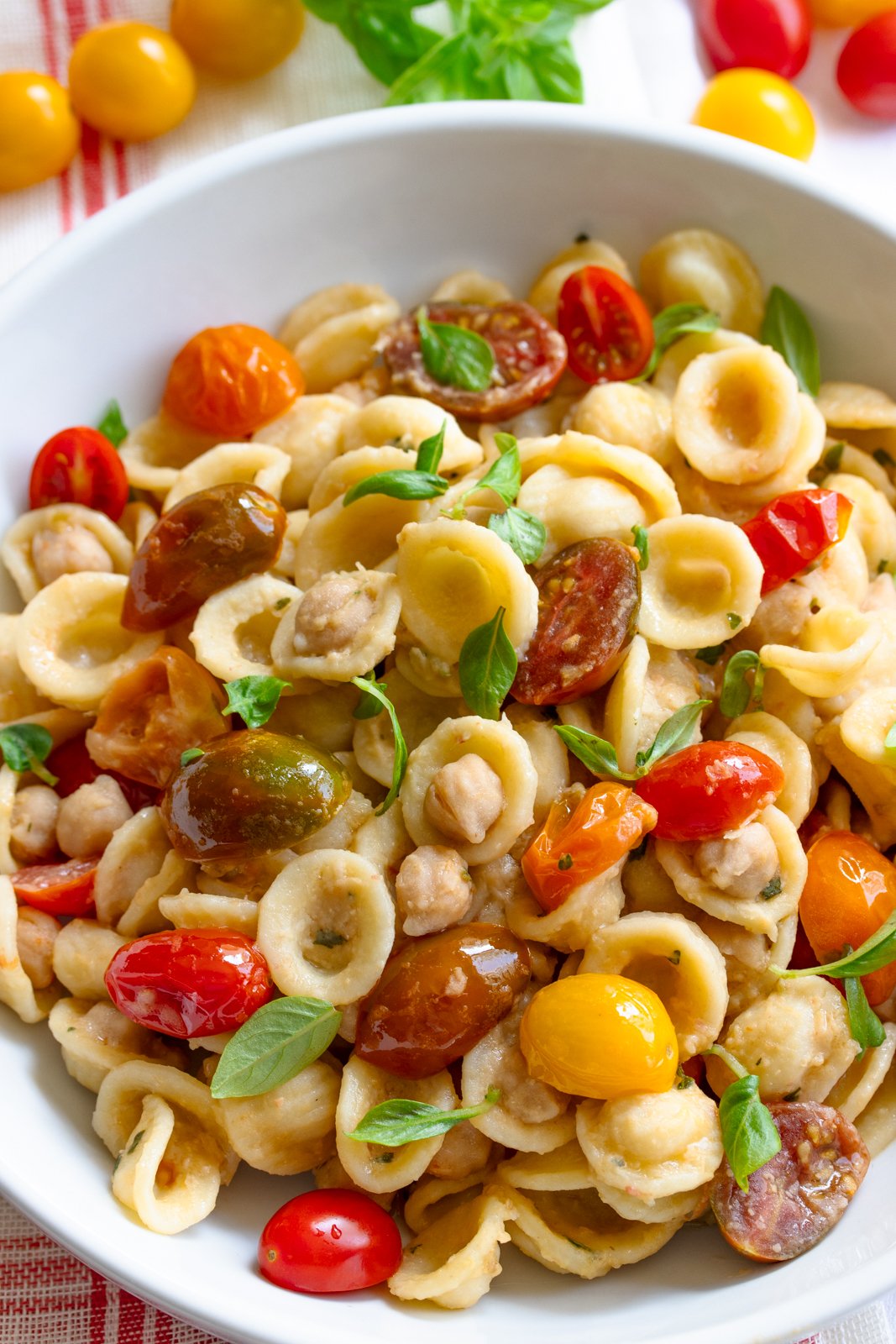 orecchiette pasta, chickpeas, and cherry tomatoes