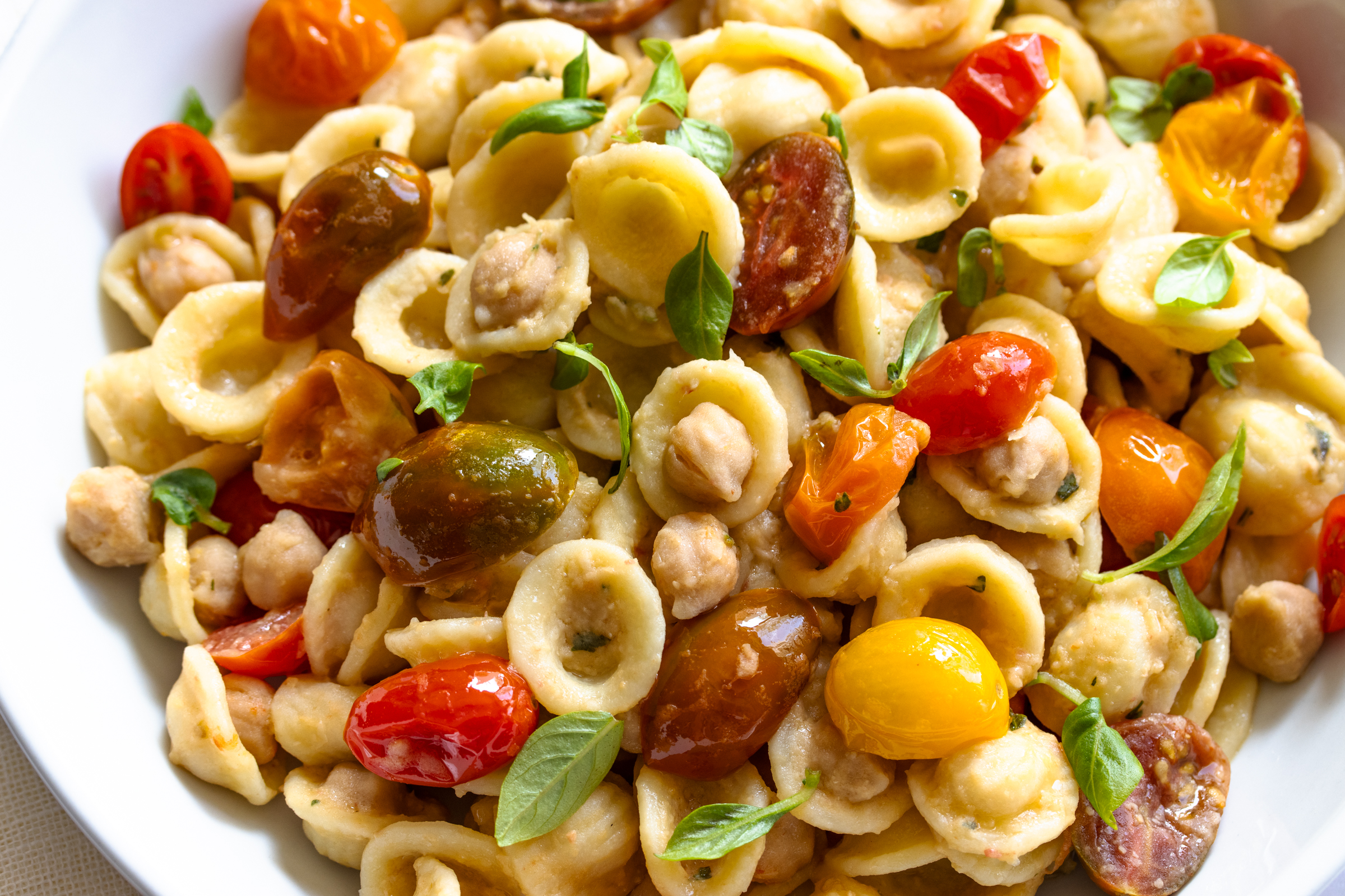 orecchiette pasta, chickpeas, and cherry tomaotes