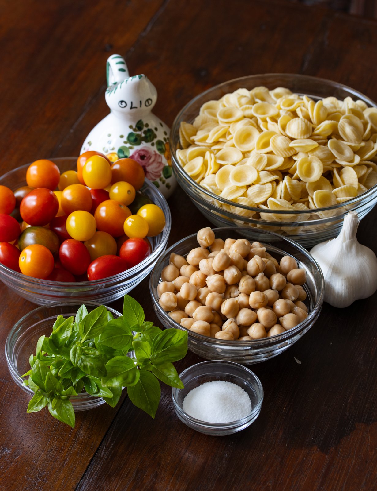 ingredients for orecchiette pasta, chickpeas, and cherry tomatoes