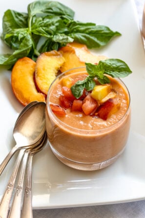 peach, tomato gazpacho served into glasses